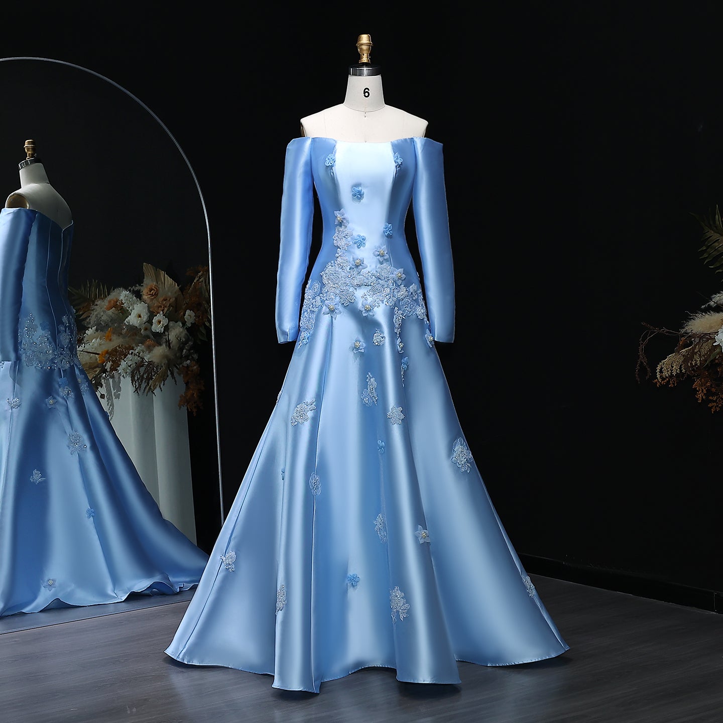 Elegant Off Shoulder Yellow 3D Flowers Evening Dress SS537  Blue / US 16