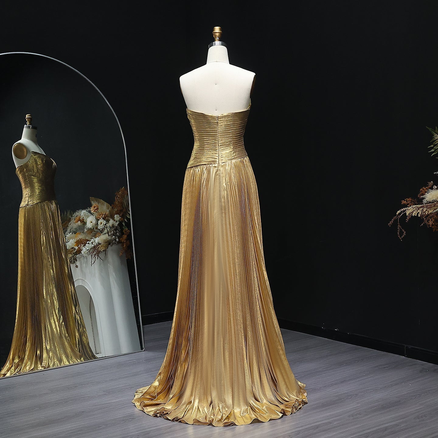 Elegant Gold Pleats Strapless Draped Evening Dress SF208