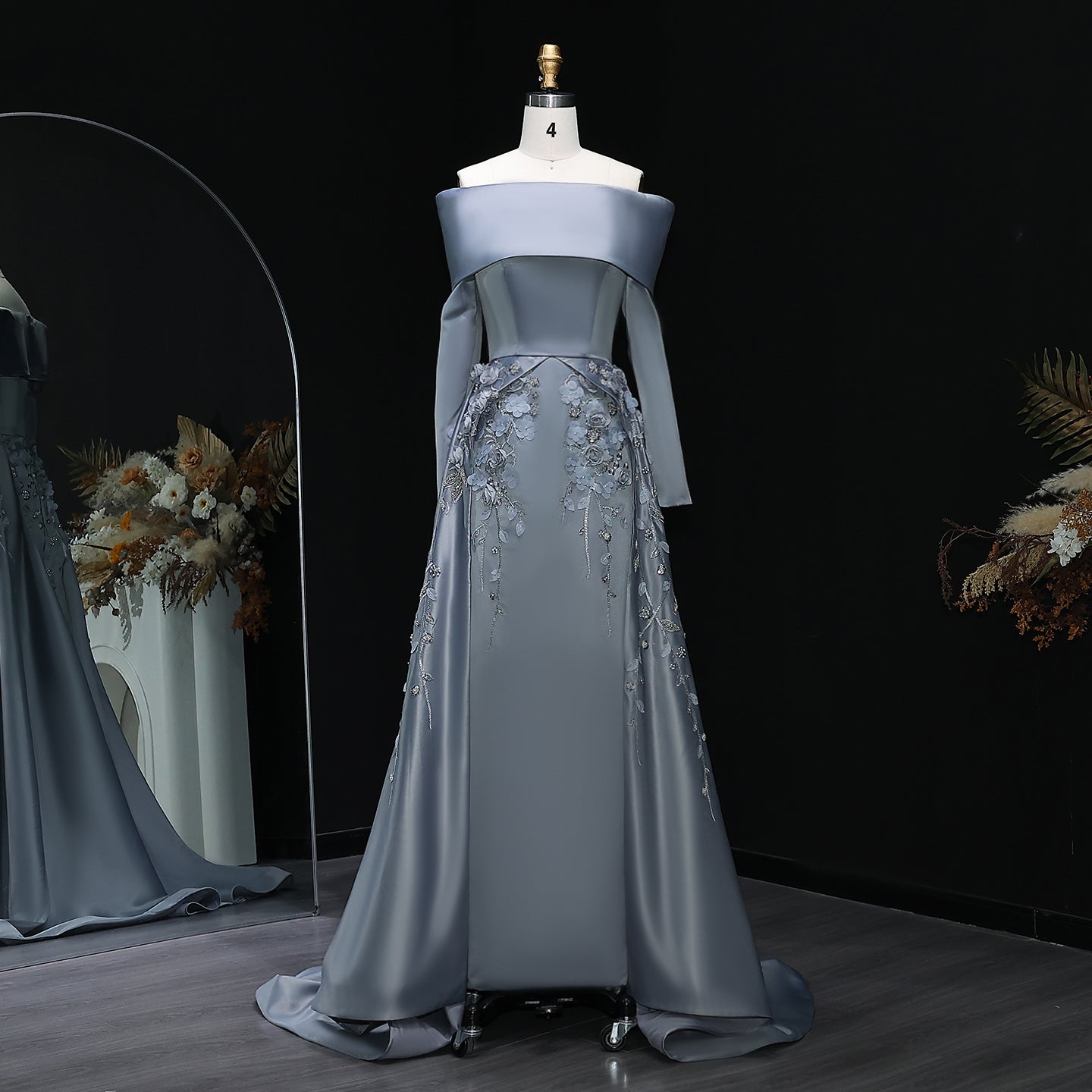 Elegant Gray 3D Flowers Beaded Arabic Evening Dress with Overskirt SS228