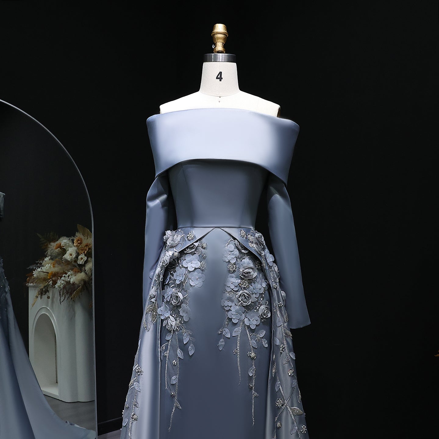 Elegant Gray 3D Flowers Beaded Arabic Evening Dress with Overskirt SS228