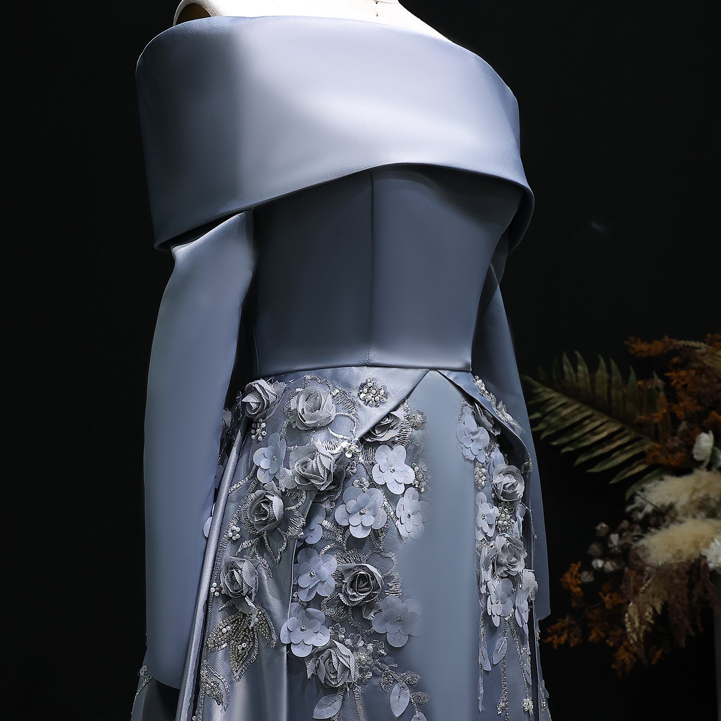Elegant Gray 3D Flowers Beaded Arabic Evening Dress with Overskirt SS228