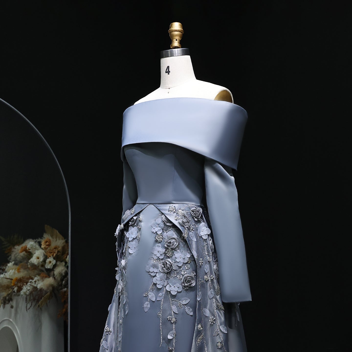 Elegant Gray 3D Flowers Beaded Arabic Evening Dress with Overskirt SS228