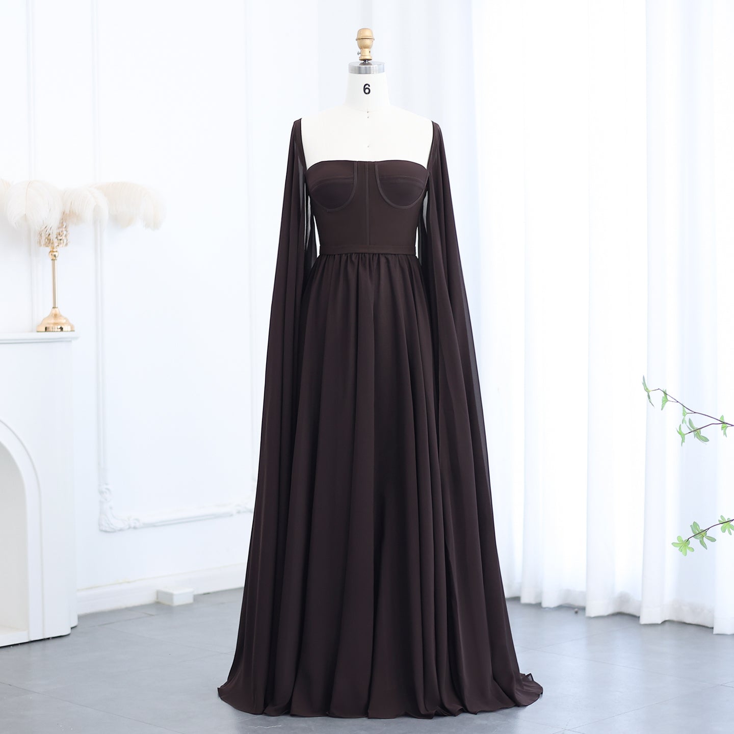 Elegant Lemon Yellow Evening Dress with Cape Sleeves SF076  Brown / US 16