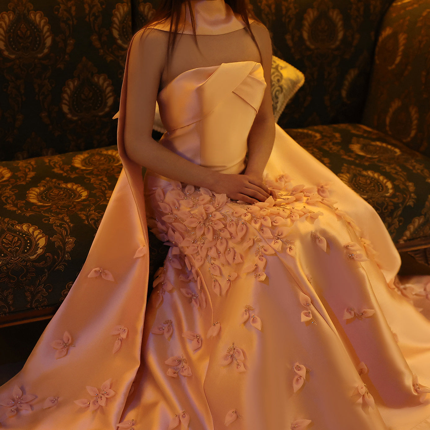 Luxury 3D Leaves Pink Satin Evening Dress with Cape SS463