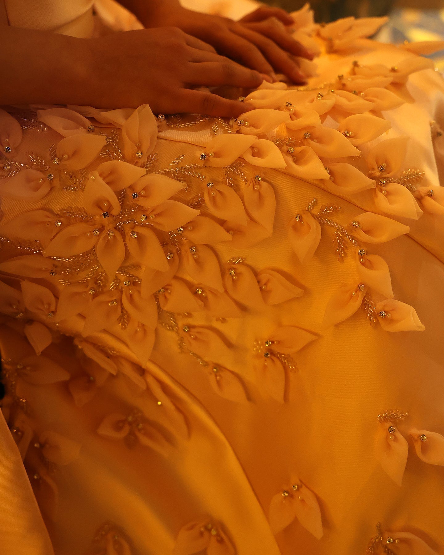 Luxury 3D Leaves Pink Satin Evening Dress with Cape SS463