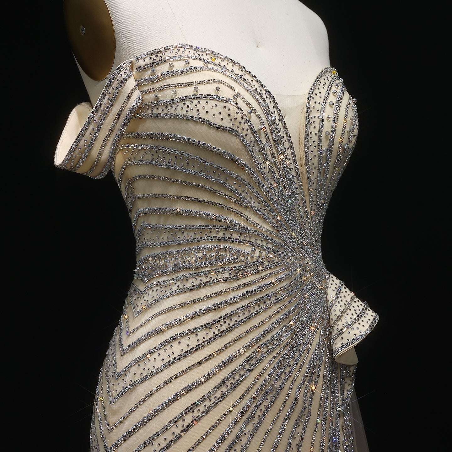 Sparkly Crystal Off Shoulder Beige Evening Dress with Slit SS648