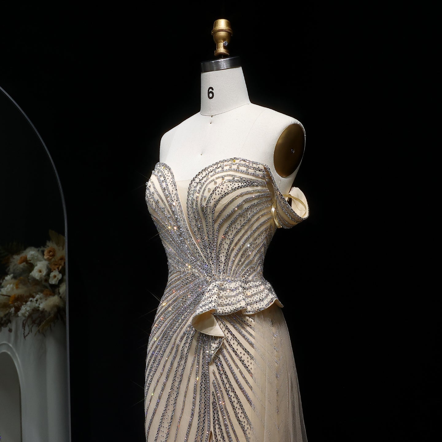 Sparkly Crystal Off Shoulder Beige Evening Dress with Slit SS648