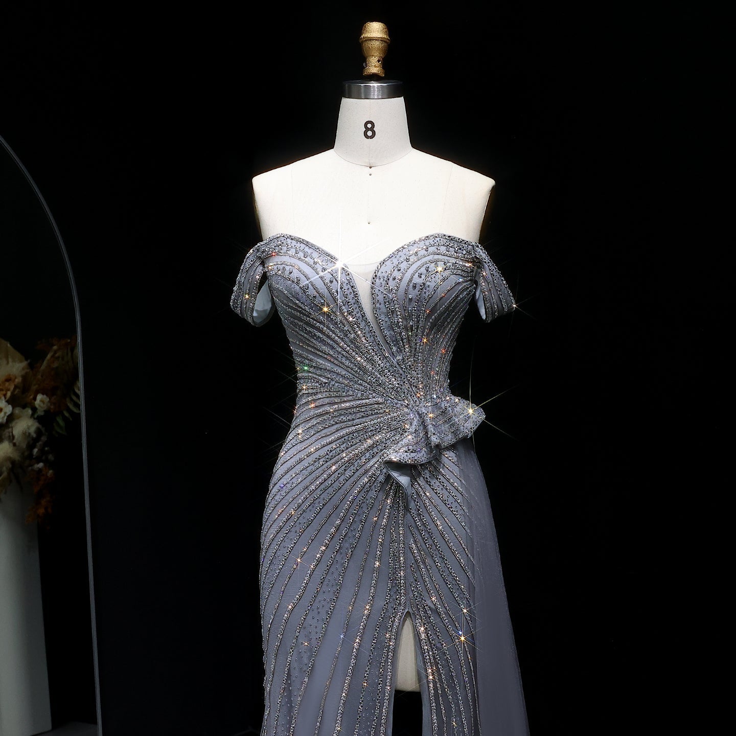 Sparkly Crystal Off Shoulder Beige Evening Dress with Slit SS648