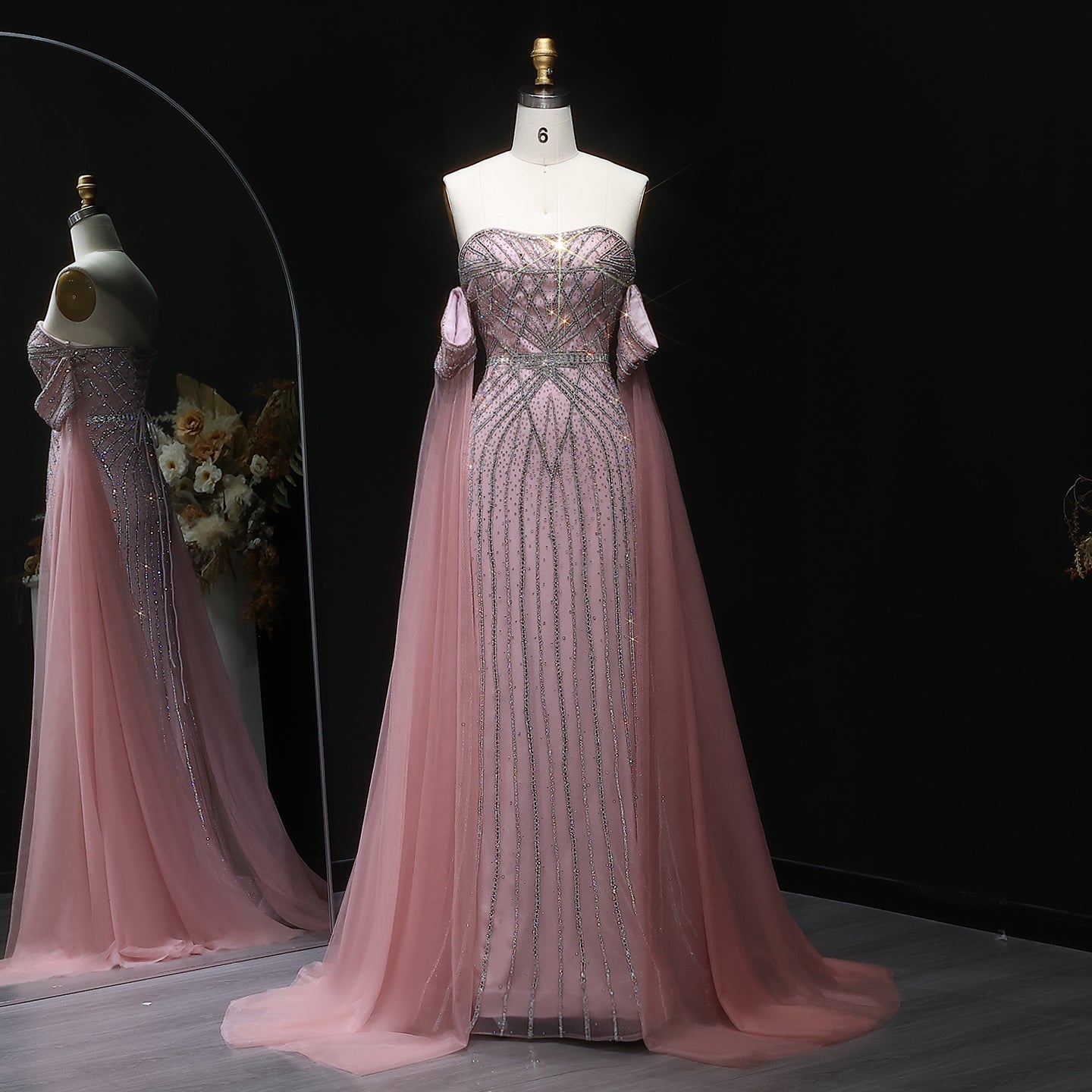 Sparkling Rhinestones Pink Evening Dress with Cape Sleeves SS654  Pink / US 16