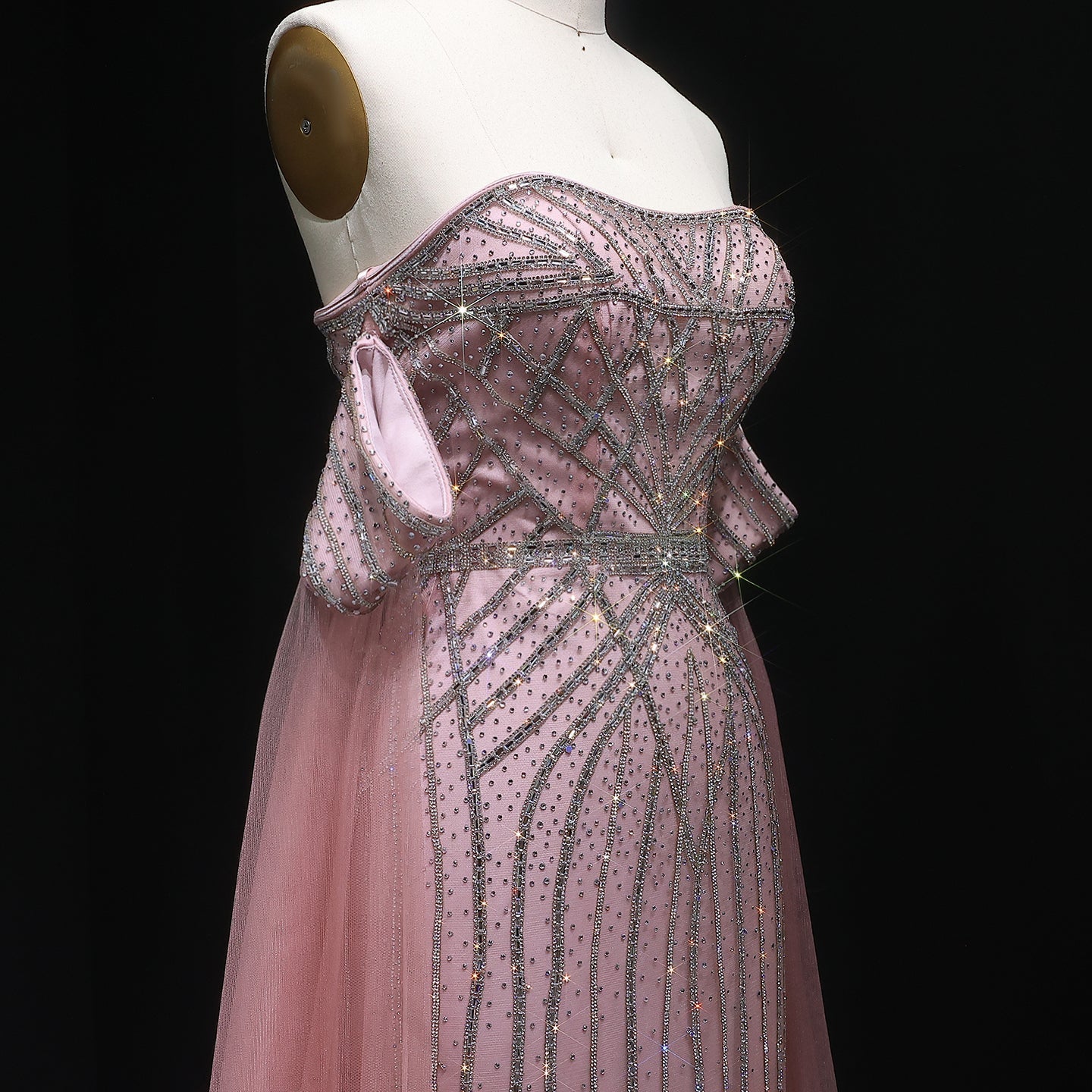 Sparkling Rhinestones Pink Evening Dress with Cape Sleeves SS654