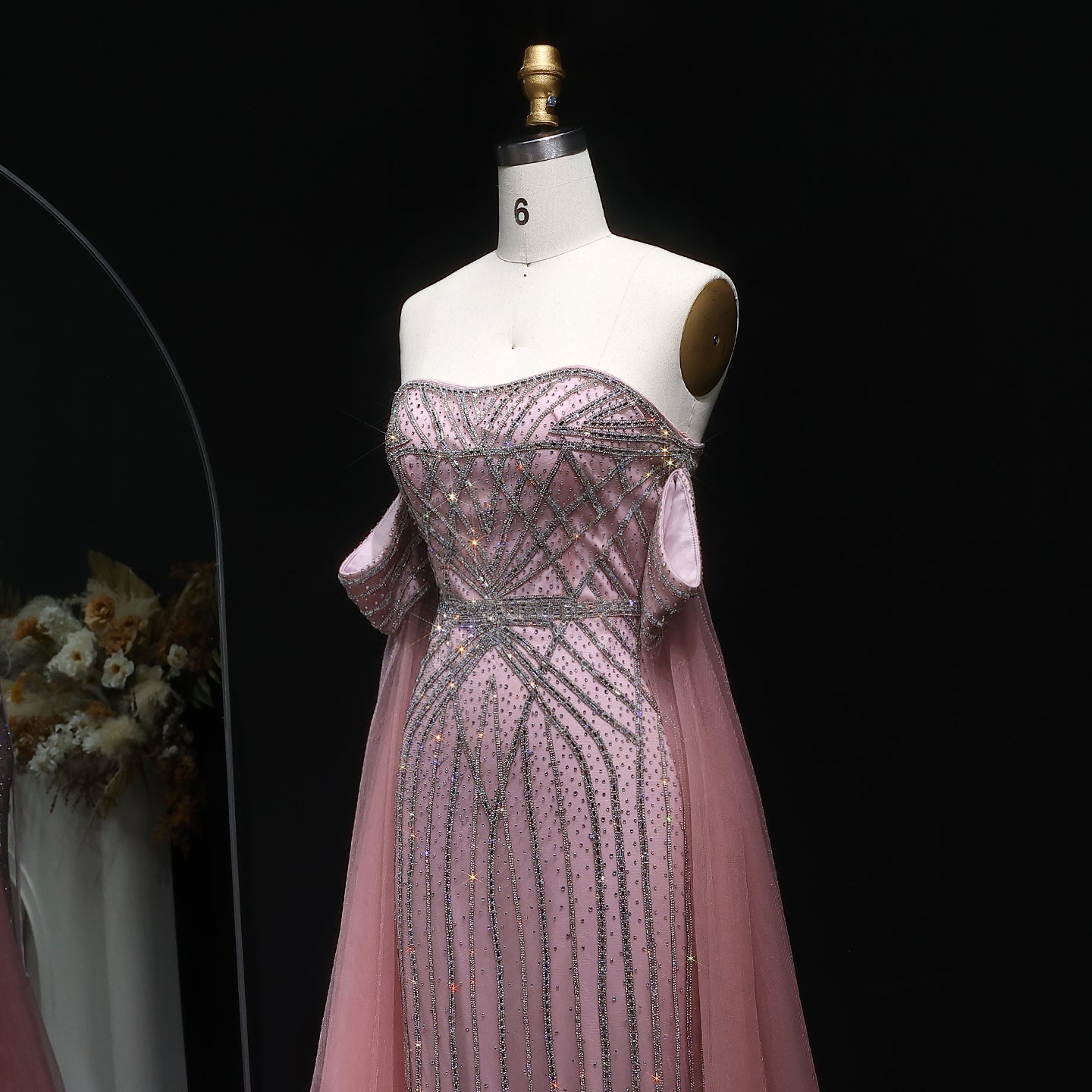 Sparkling Rhinestones Pink Evening Dress with Cape Sleeves SS654