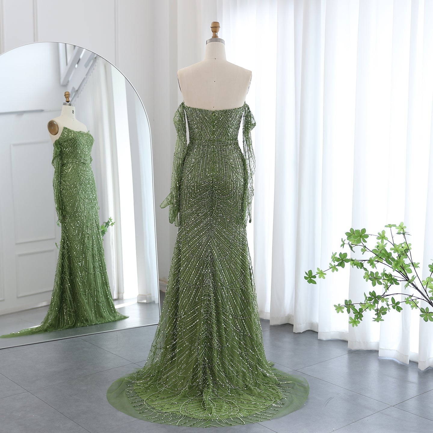 Luxury Beaded Green Mermaid Evening Dress with Gloves SS606