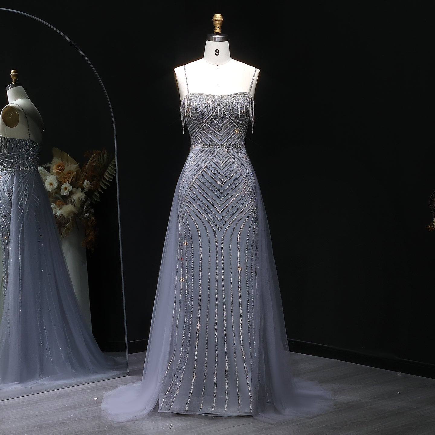 Sparkly Crystal Tassel Pink Evening Dress with Overskirt SS649  Gray / US 18