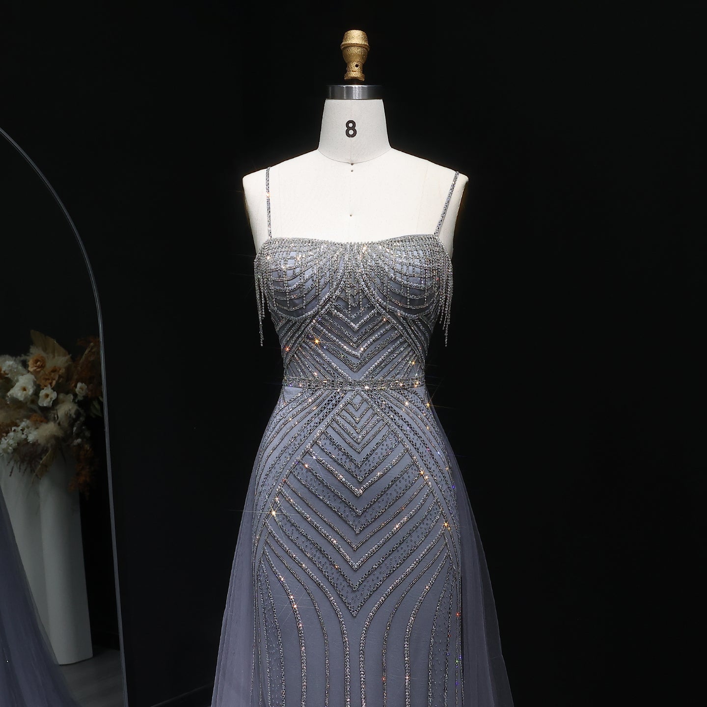 Sparkly Crystal Tassel Pink Evening Dress with Overskirt SS649