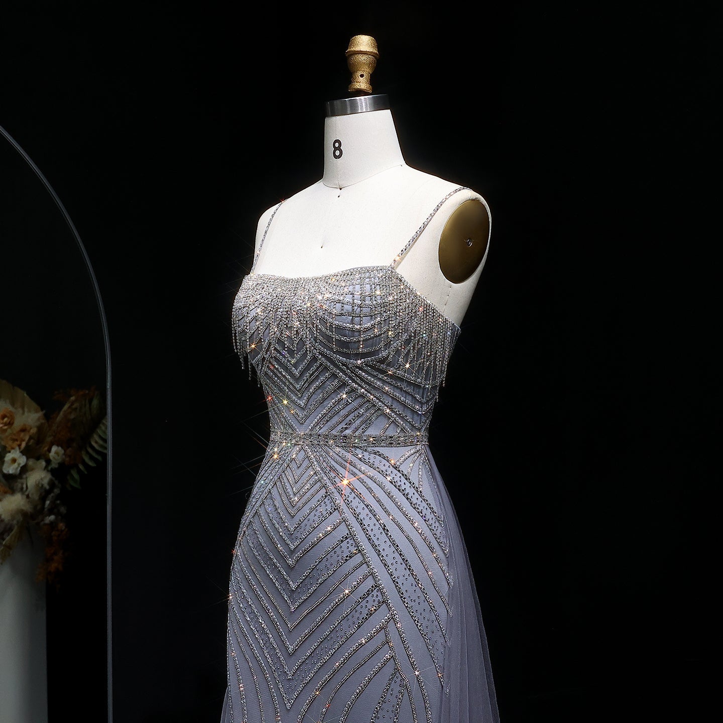 Sparkly Crystal Tassel Pink Evening Dress with Overskirt SS649