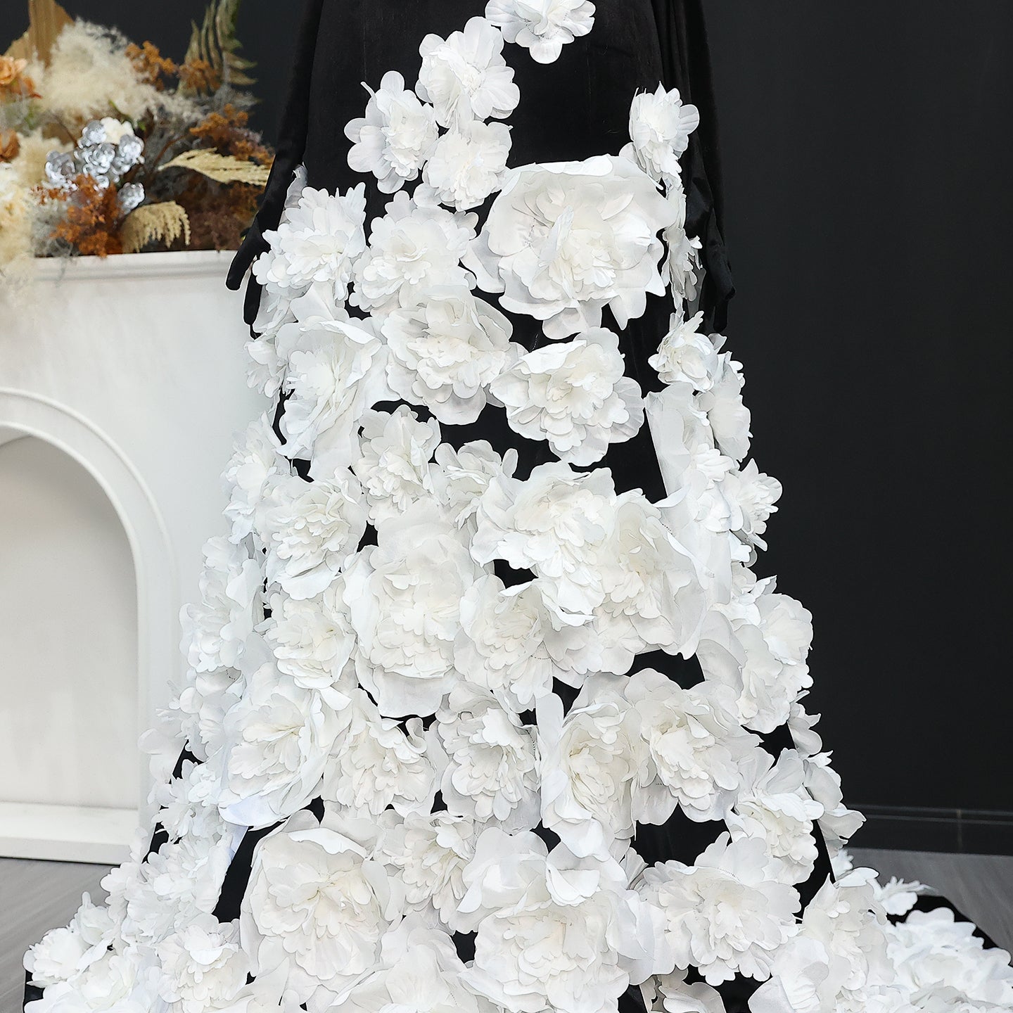 3D Flowers Black Velvet Strapless Evening Dress with Gloves SS748