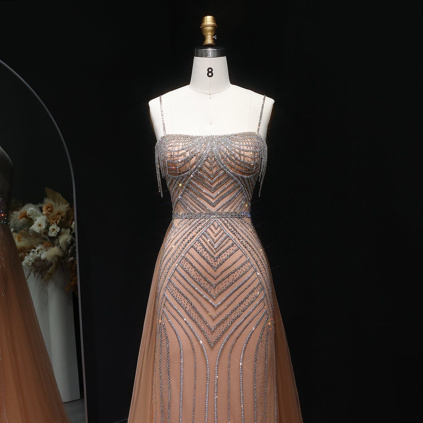 Sparkly Crystal Tassel Pink Evening Dress with Overskirt SS649