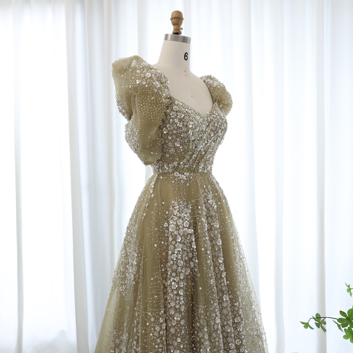 Glitter Lime Green Puffle Sleeve Evening Dress SS155