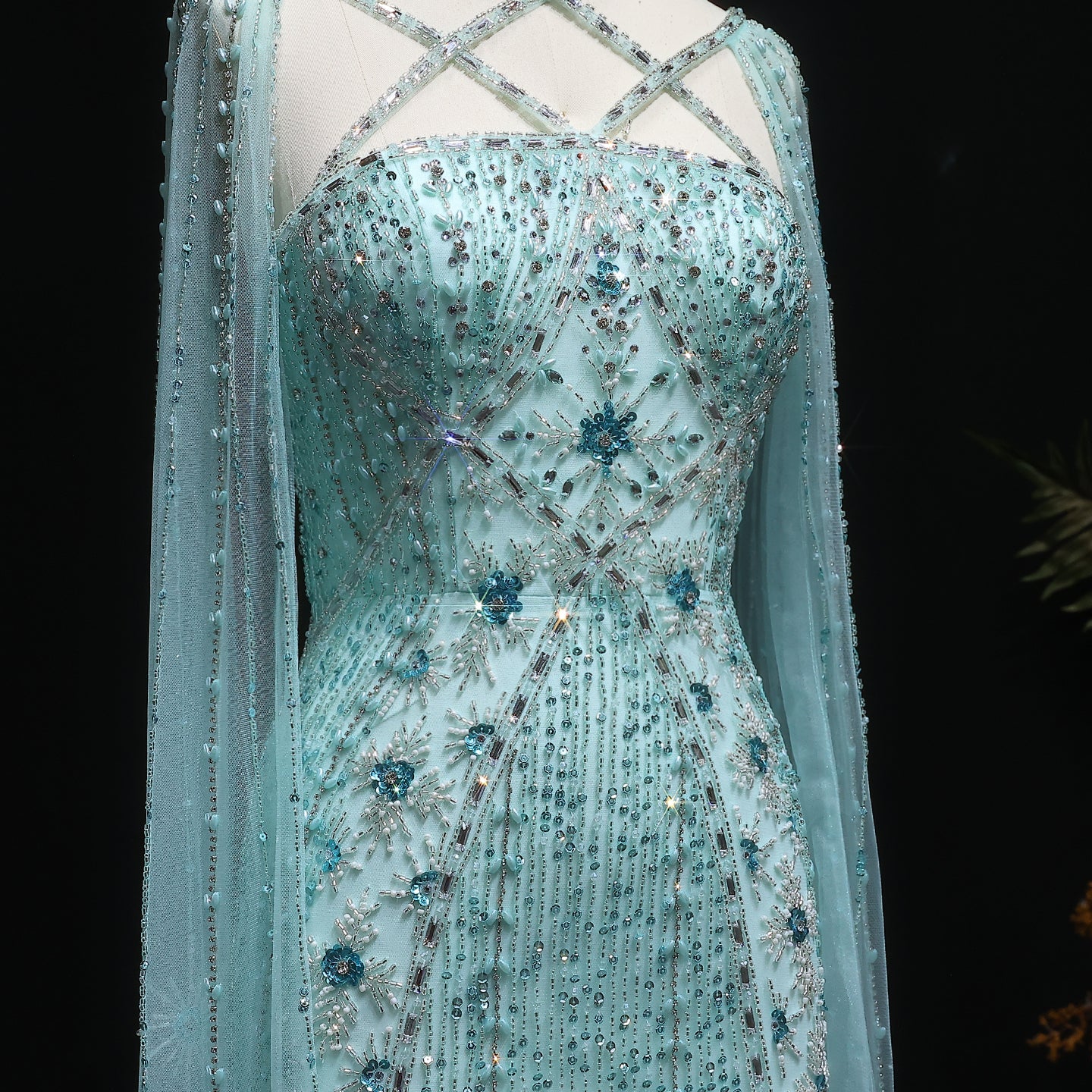 Luxury Aqua Crisscross Evening Dress with Cape Sleeves SS391