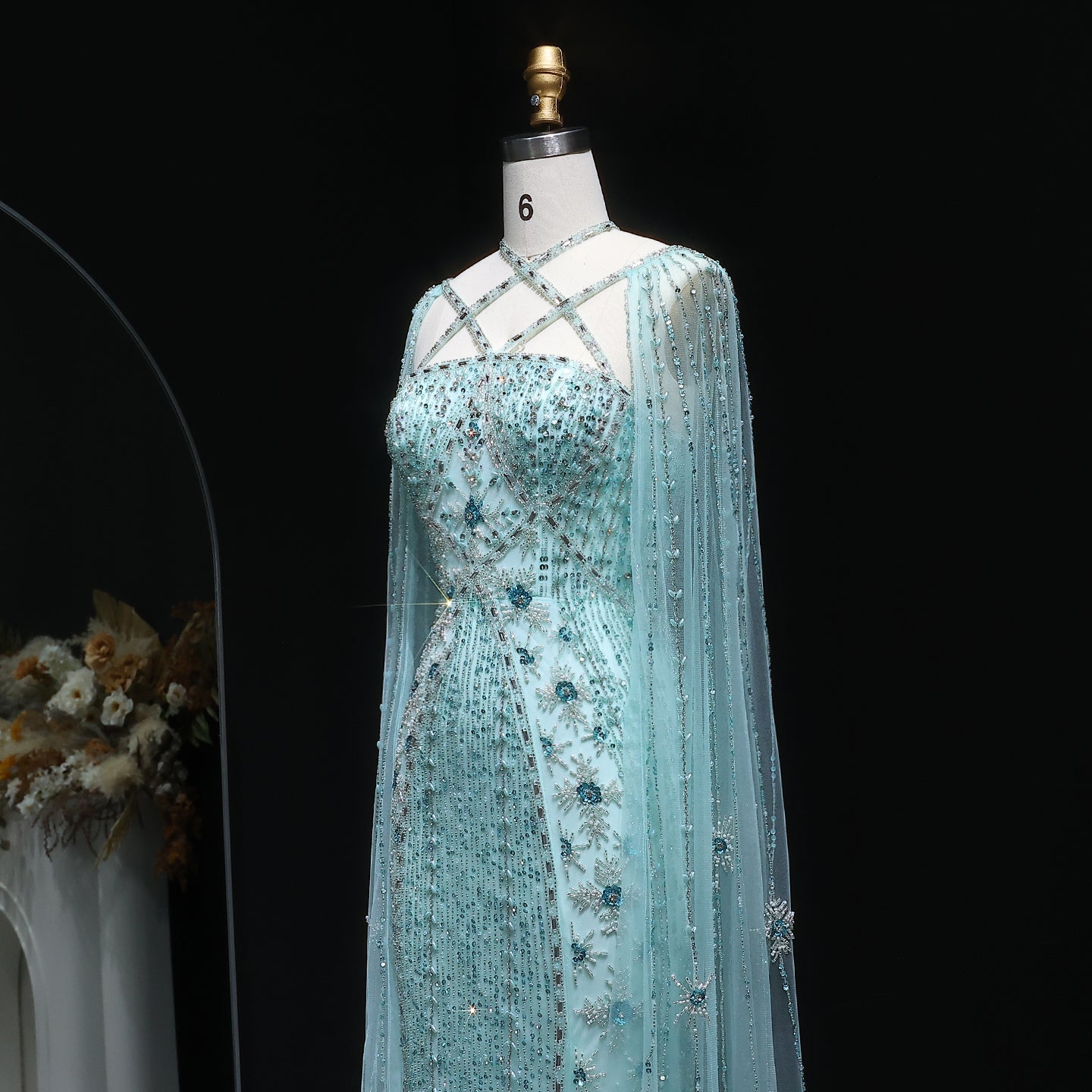 Luxury Aqua Crisscross Evening Dress with Cape Sleeves SS391