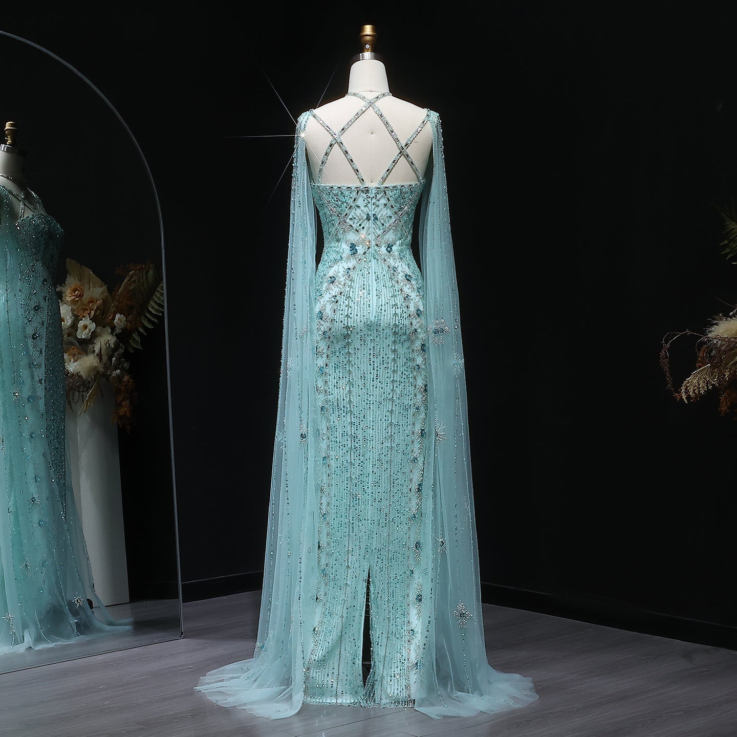 Luxury Aqua Crisscross Evening Dress with Cape Sleeves SS391