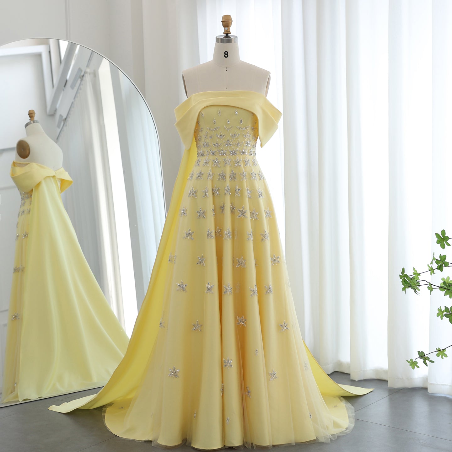 Luxury Yellow Off Shoulder Evening Dress with Cape Train SS455  Yellow / US 18