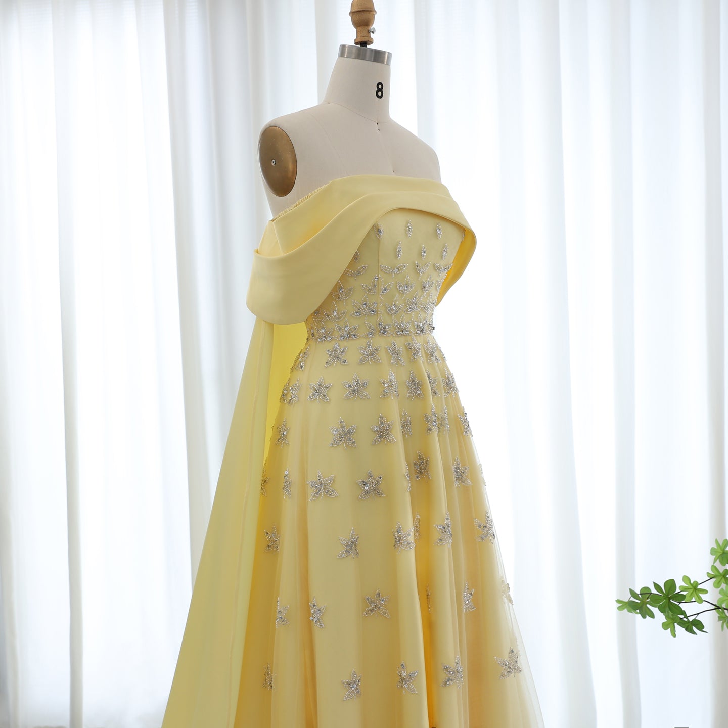 Luxury Yellow Off Shoulder Evening Dress with Cape Train SS455