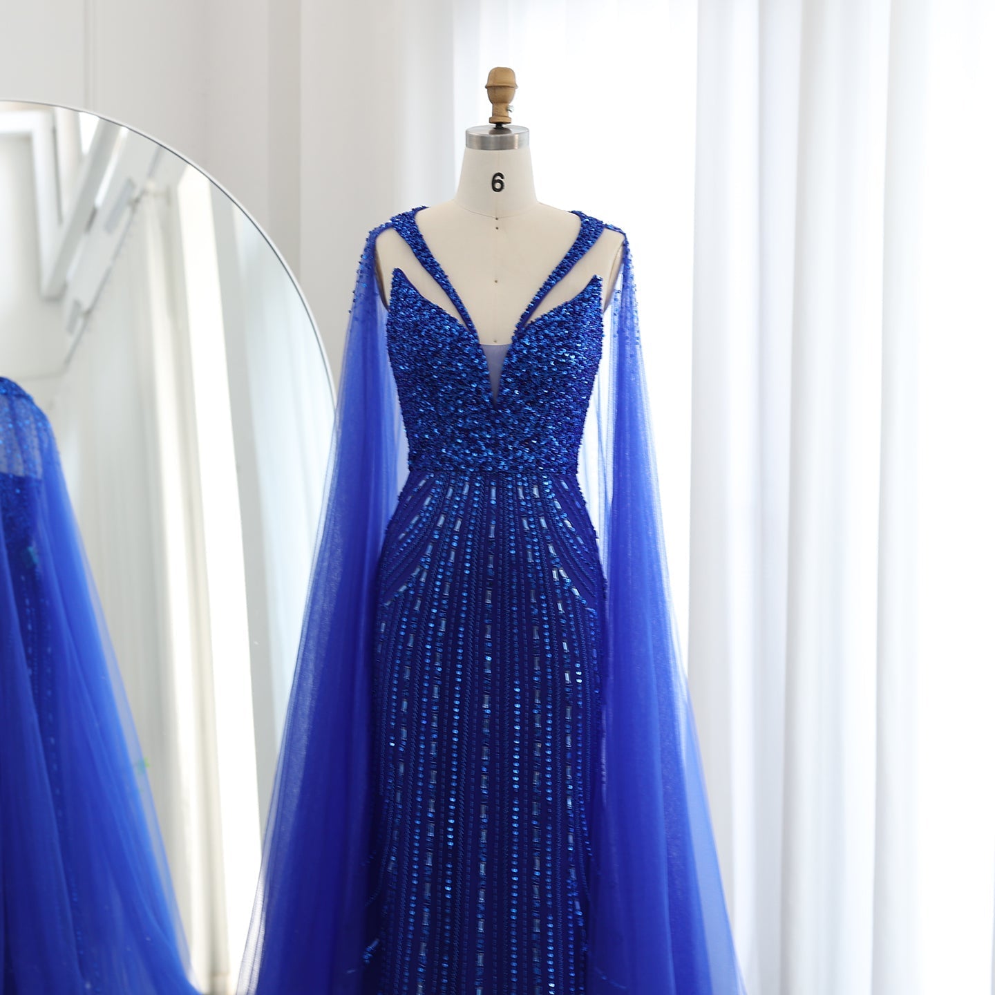 Luxury Royal Blue Evening Dress with Cape Sleeve SS176