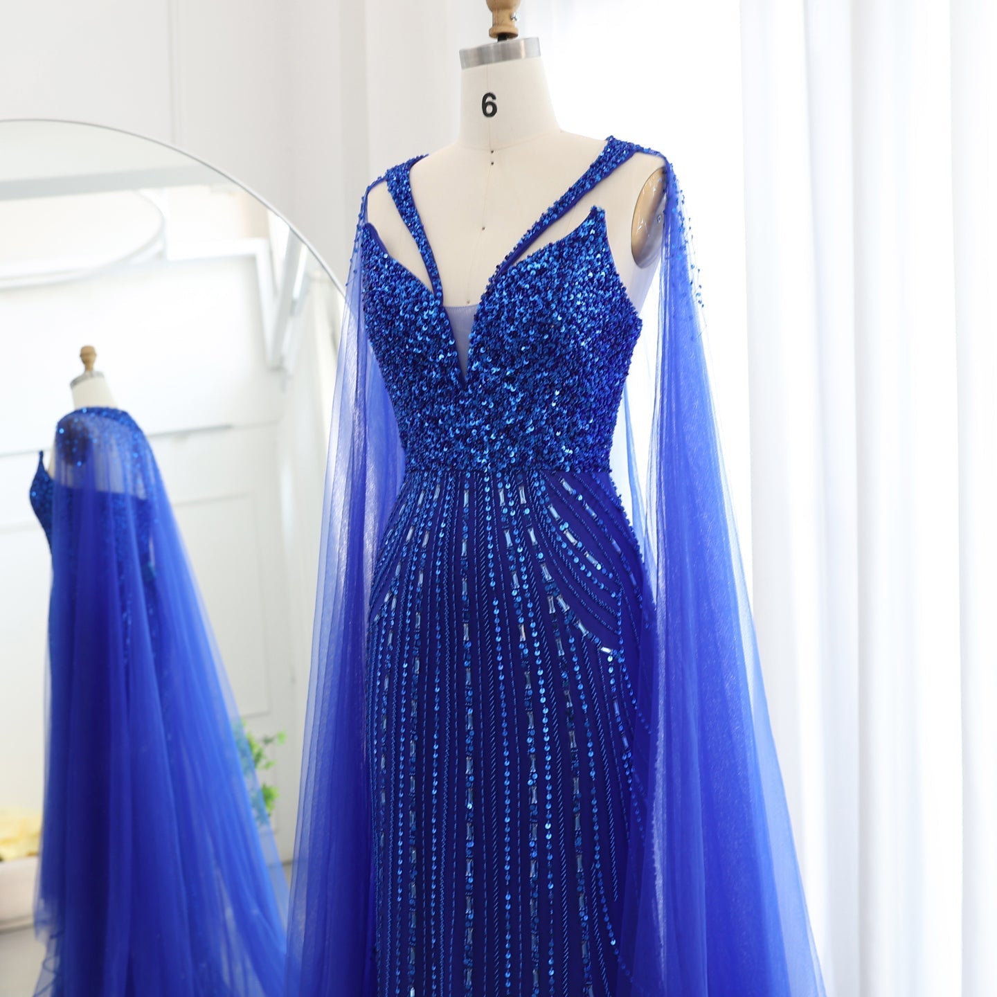 Luxury Royal Blue Evening Dress with Cape Sleeve SS176
