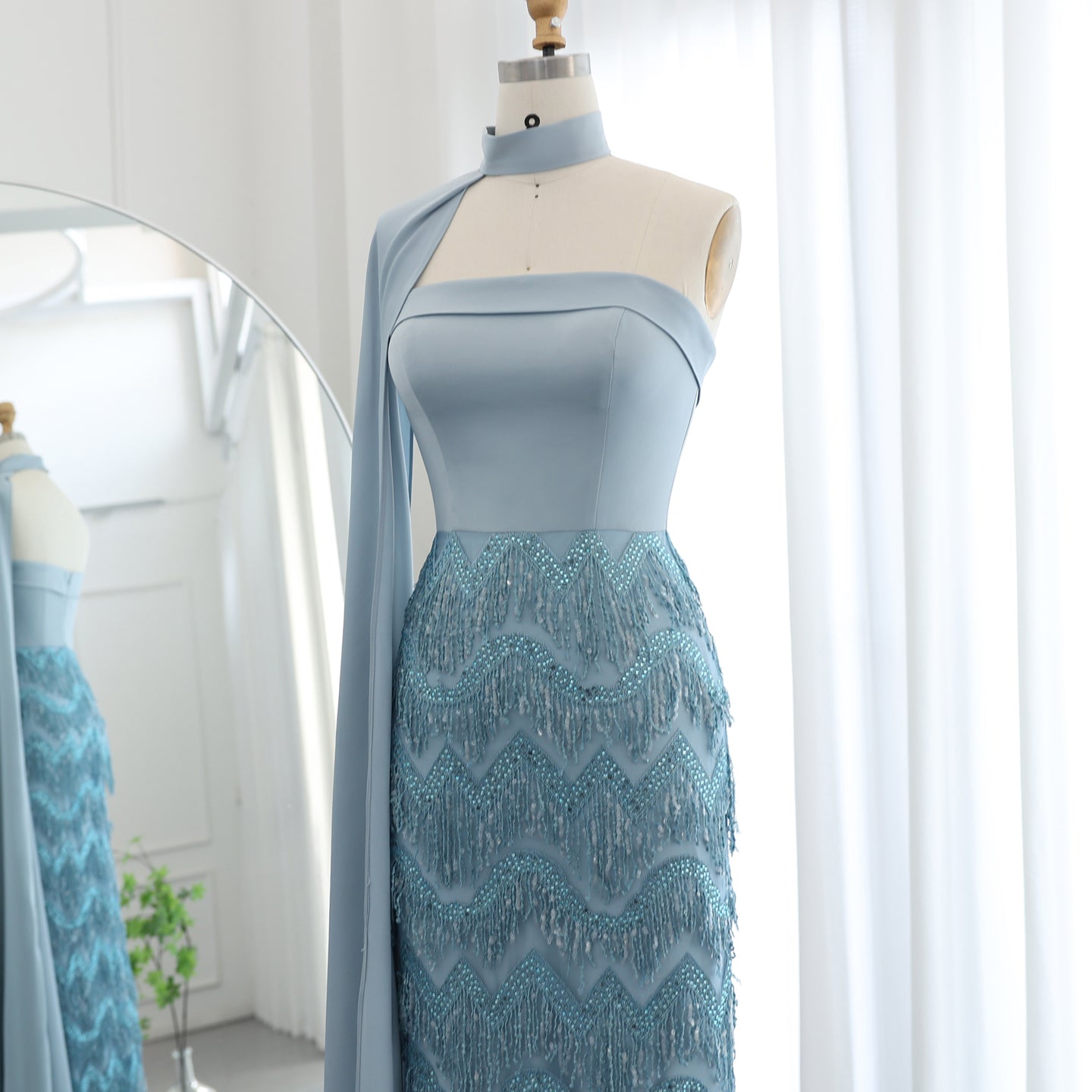 Blue Tassel Strapless Evening Dress with Cape Sleeve SS143