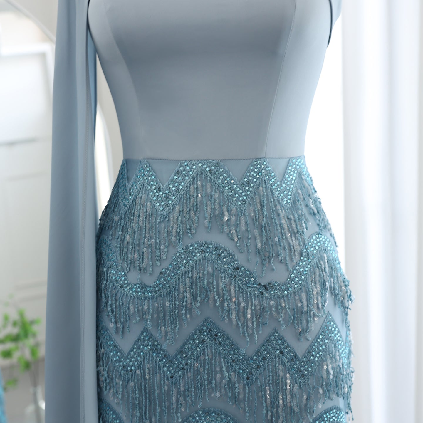 Blue Tassel Strapless Evening Dress with Cape Sleeve SS143