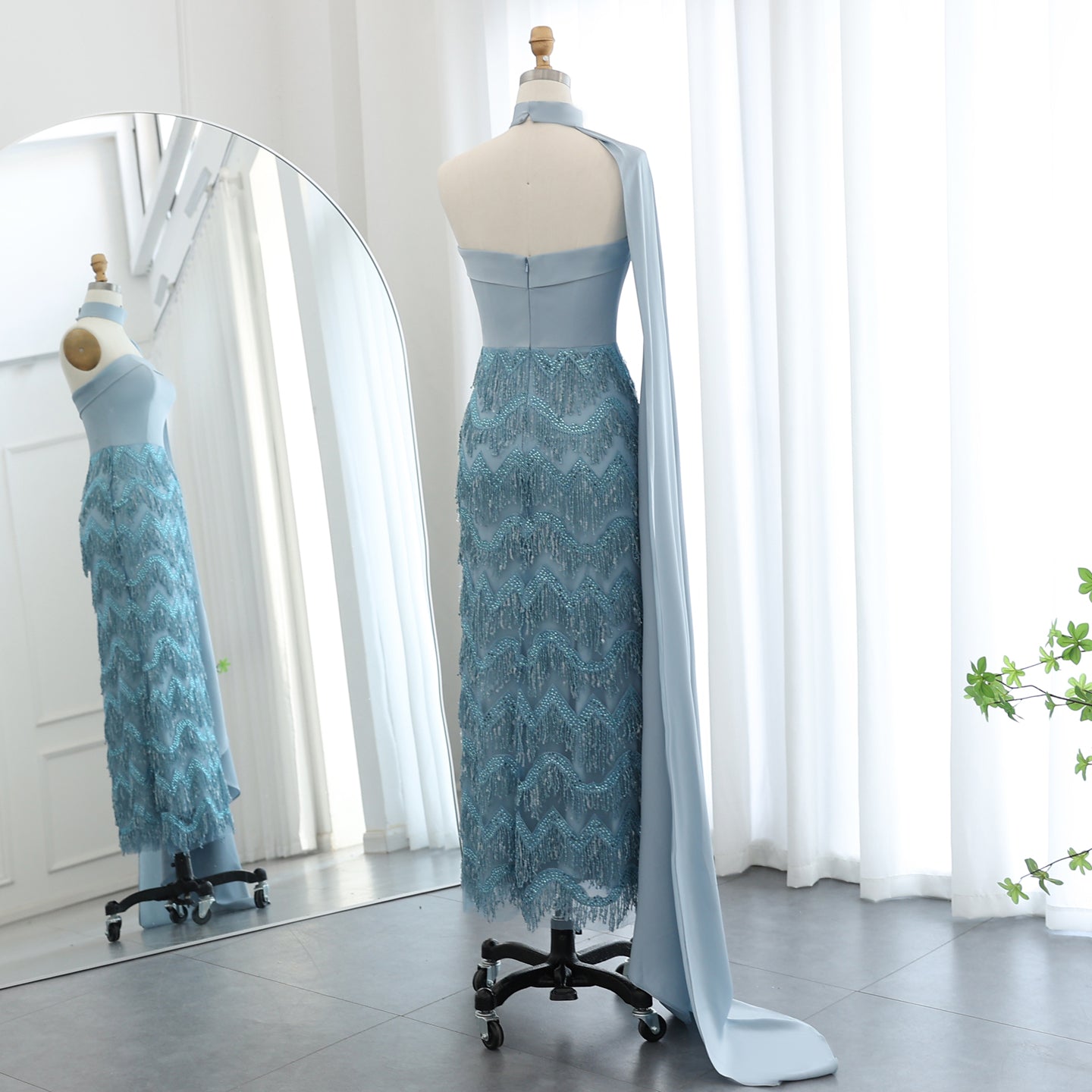 Blue Tassel Strapless Evening Dress with Cape Sleeve SS143