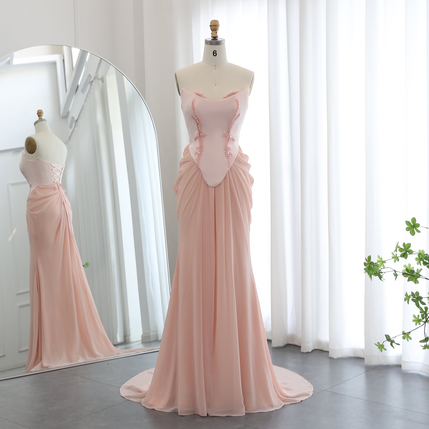 Pink Handmade Draped Strapless Chiffon Mermaid Evening Dress SF306  Blush Pink / US 16