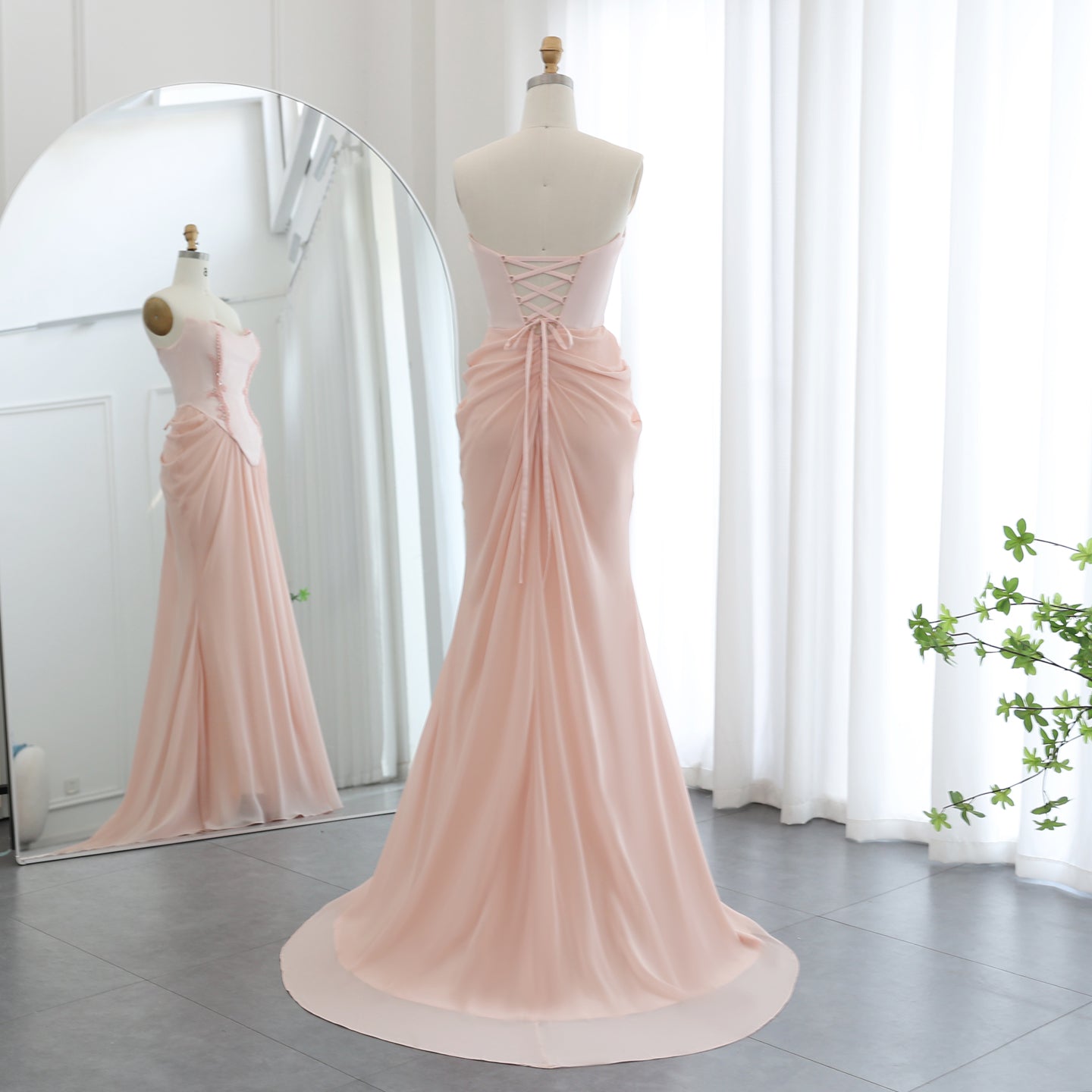 Pink Handmade Draped Strapless Chiffon Mermaid Evening Dress SF306