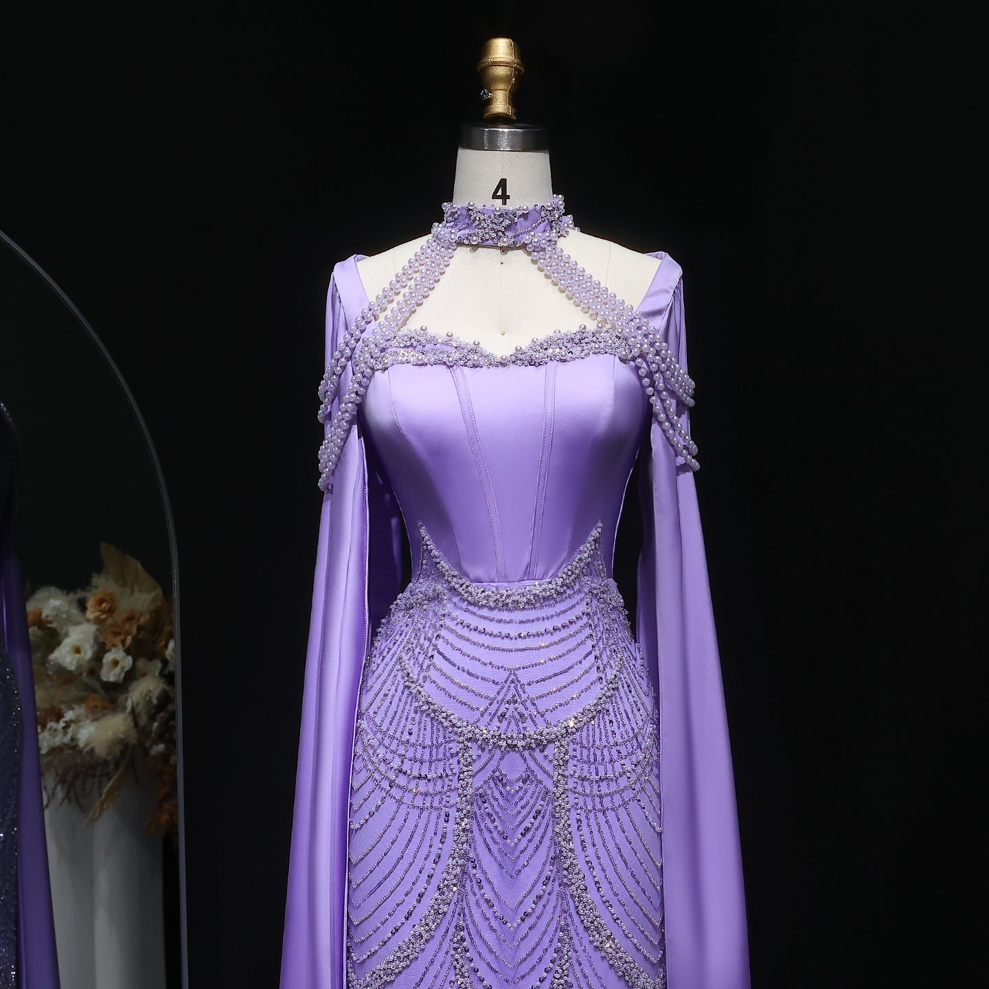 Luxury Pink Beaded Evening Dress with Cape Sleeves SS662