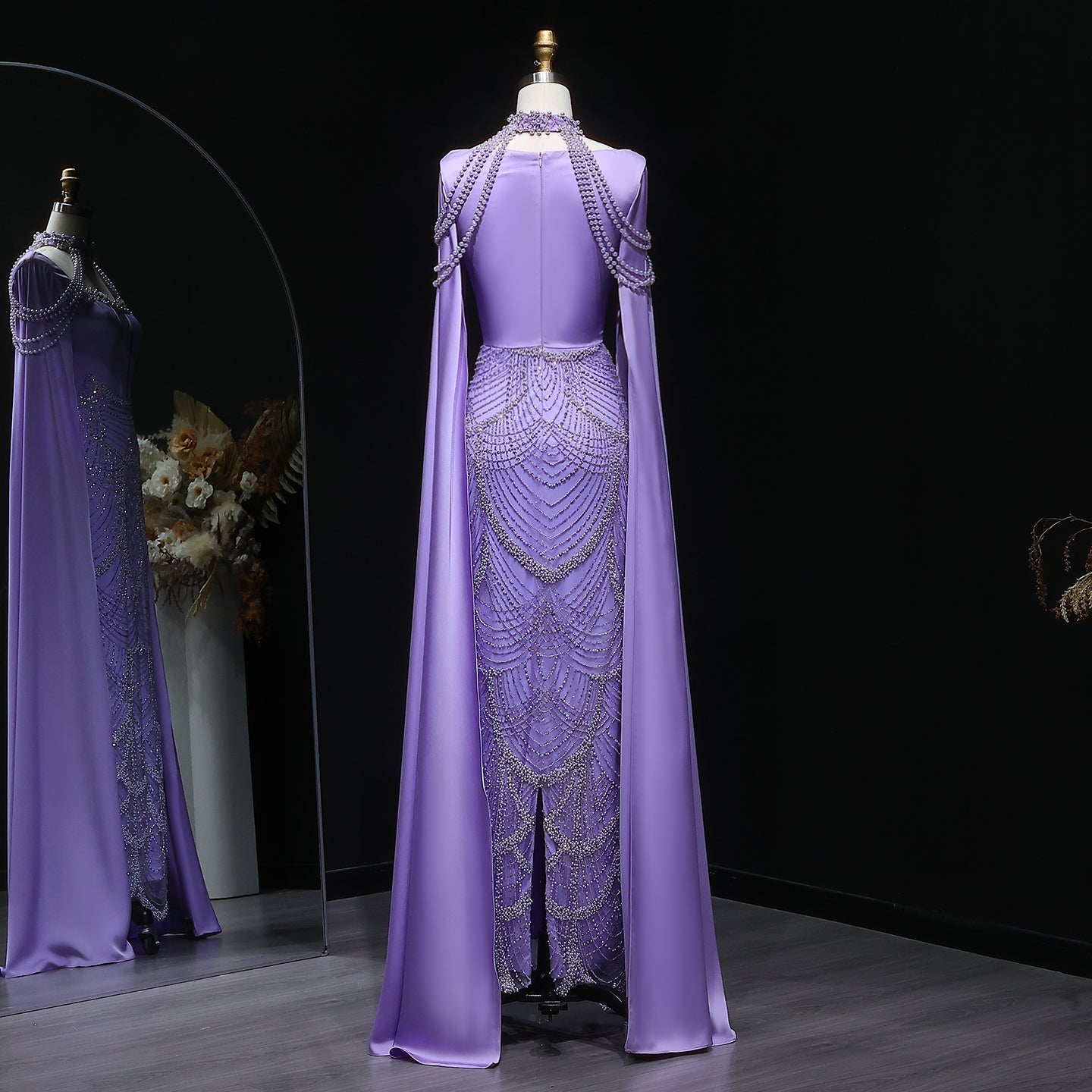 Luxury Pink Beaded Evening Dress with Cape Sleeves SS662