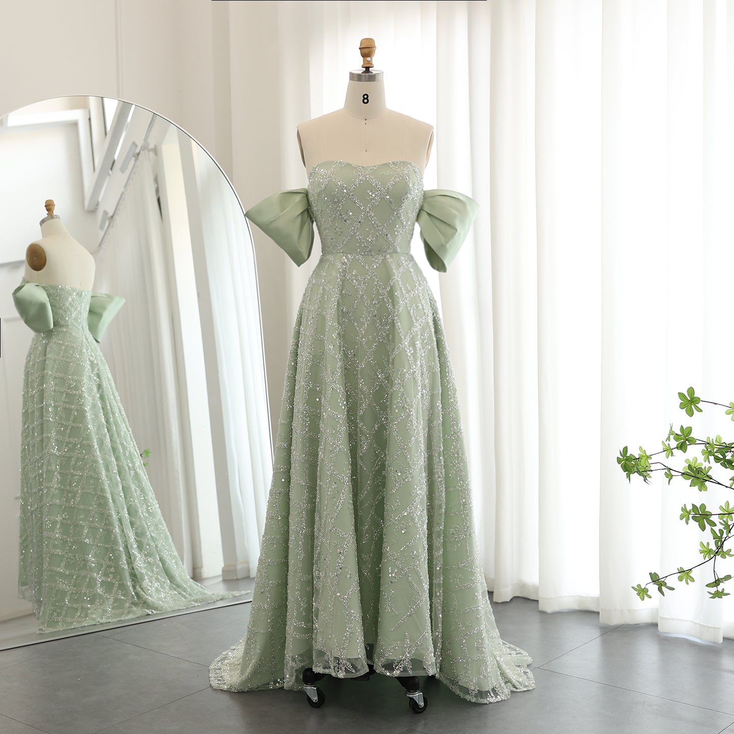 Elegant Sage Green Off Shoulder Evening Dress SS427  Sage Green / US 18