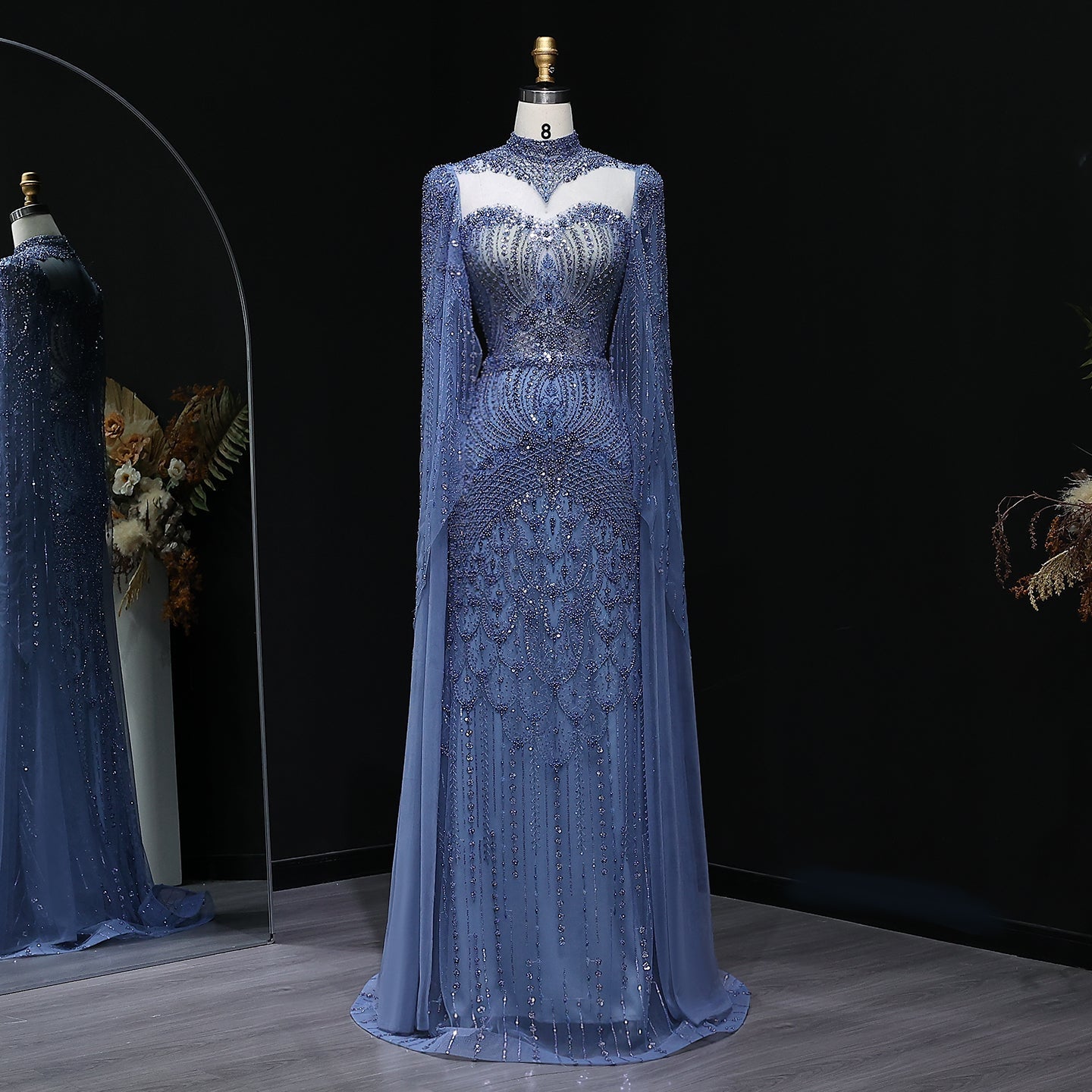 Elegant Beaded Blue Evening Dress with Cape Sleeves SS079  Blue / US 22