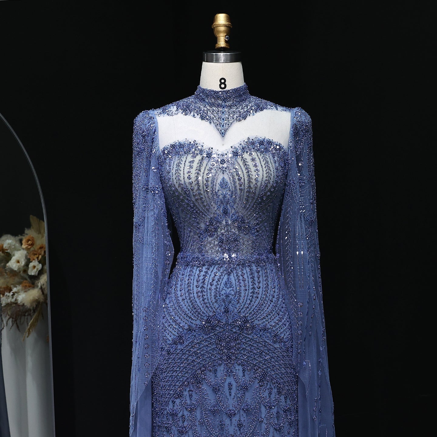 Elegant Beaded Blue Evening Dress with Cape Sleeves SS079