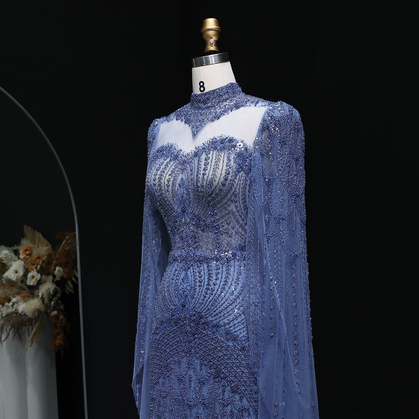 Elegant Beaded Blue Evening Dress with Cape Sleeves SS079