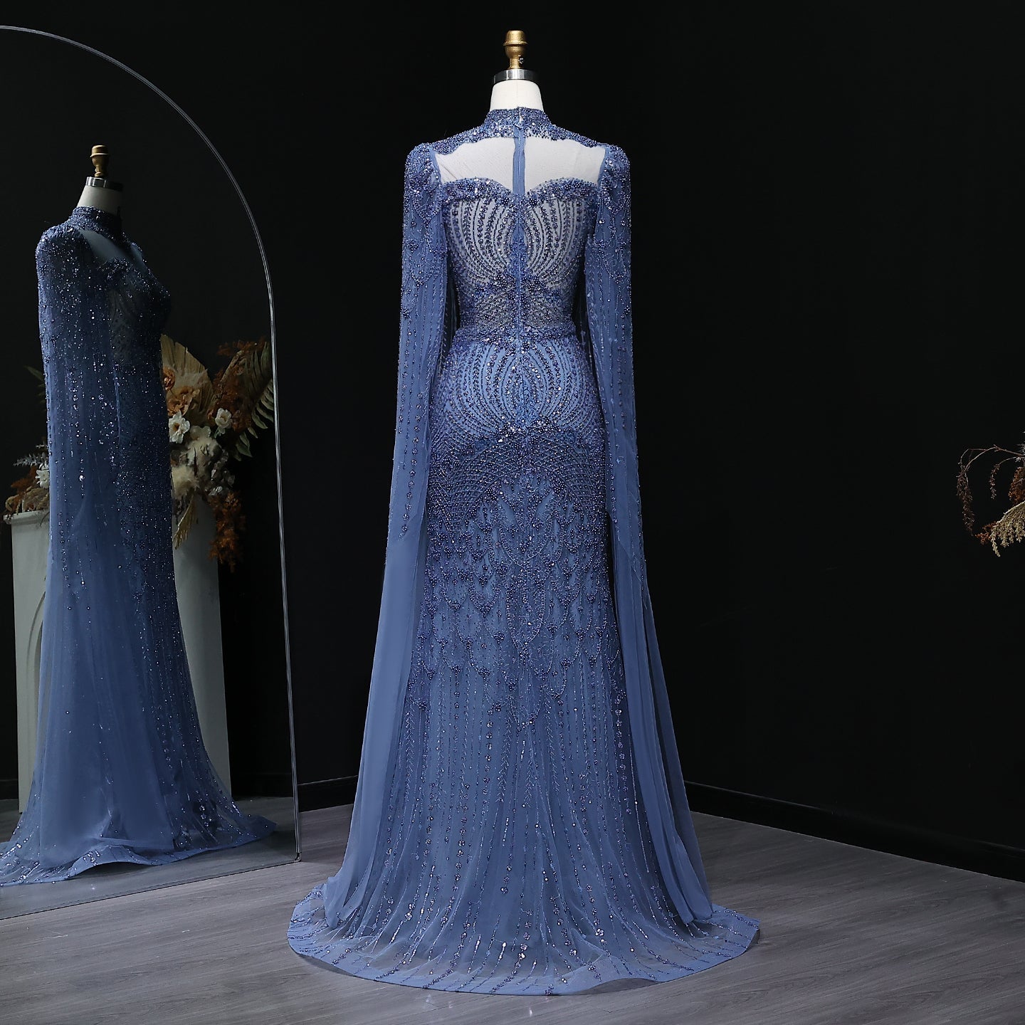 Elegant Beaded Blue Evening Dress with Cape Sleeves SS079