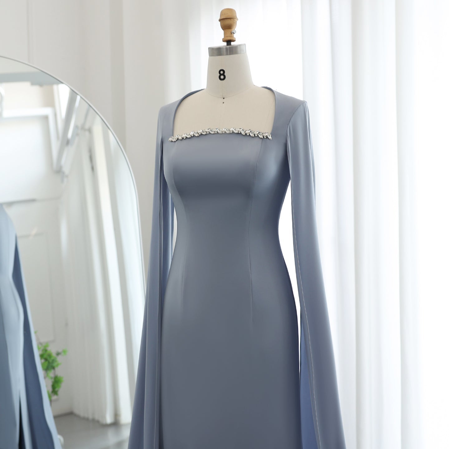 Elegant Blue Mermaid Evening Dress with Cape Sleeves SF486