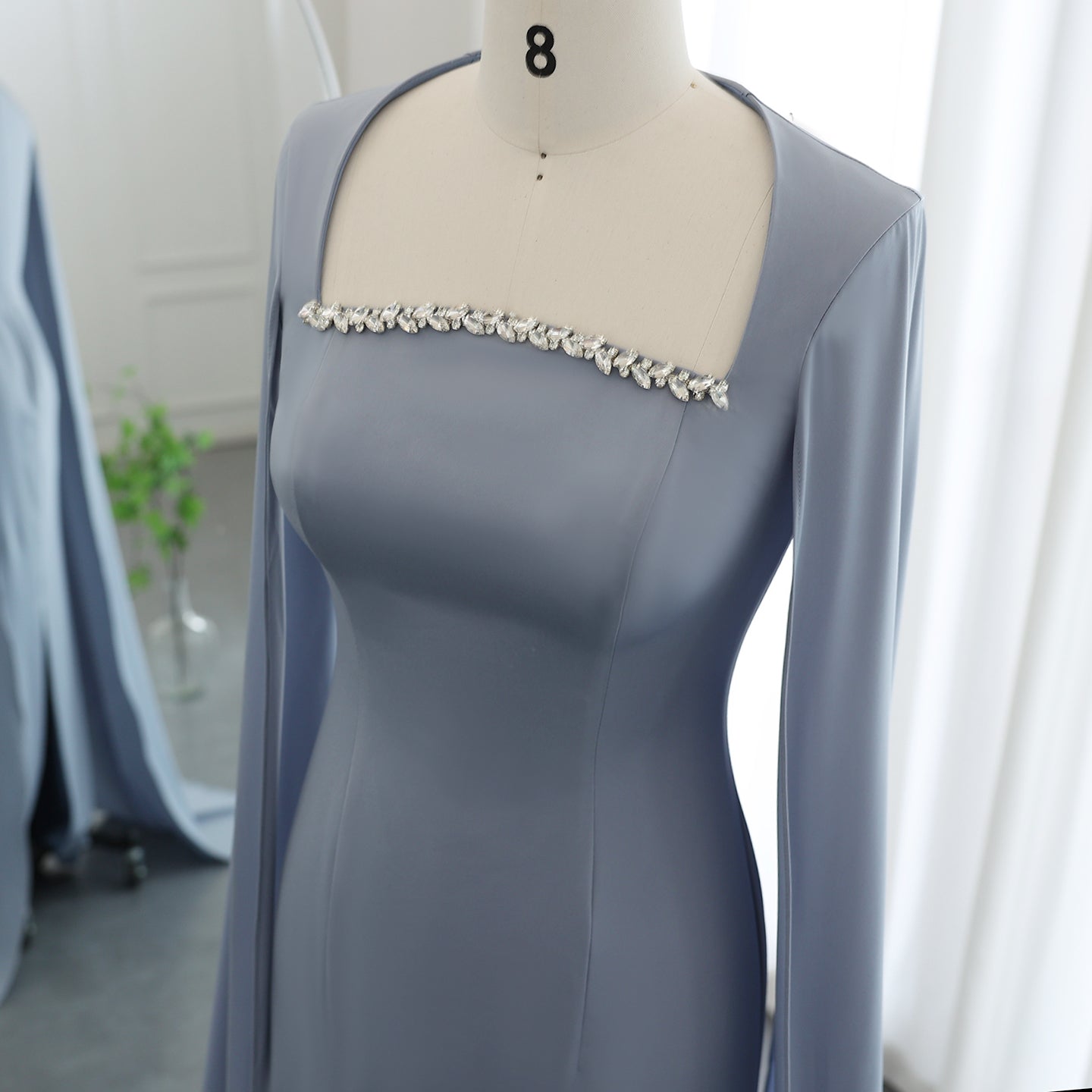Elegant Blue Mermaid Evening Dress with Cape Sleeves SF486