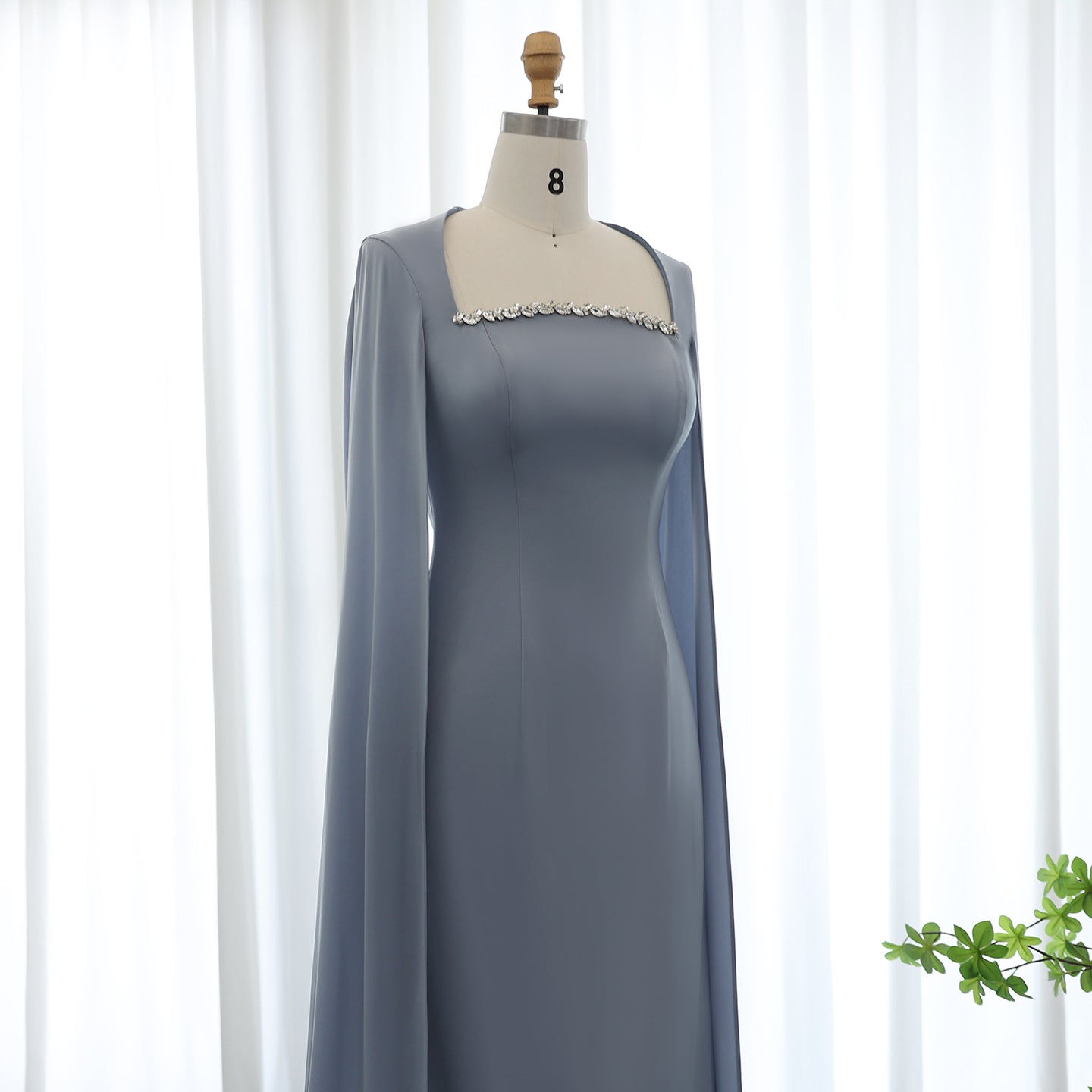 Elegant Blue Mermaid Evening Dress with Cape Sleeves SF486