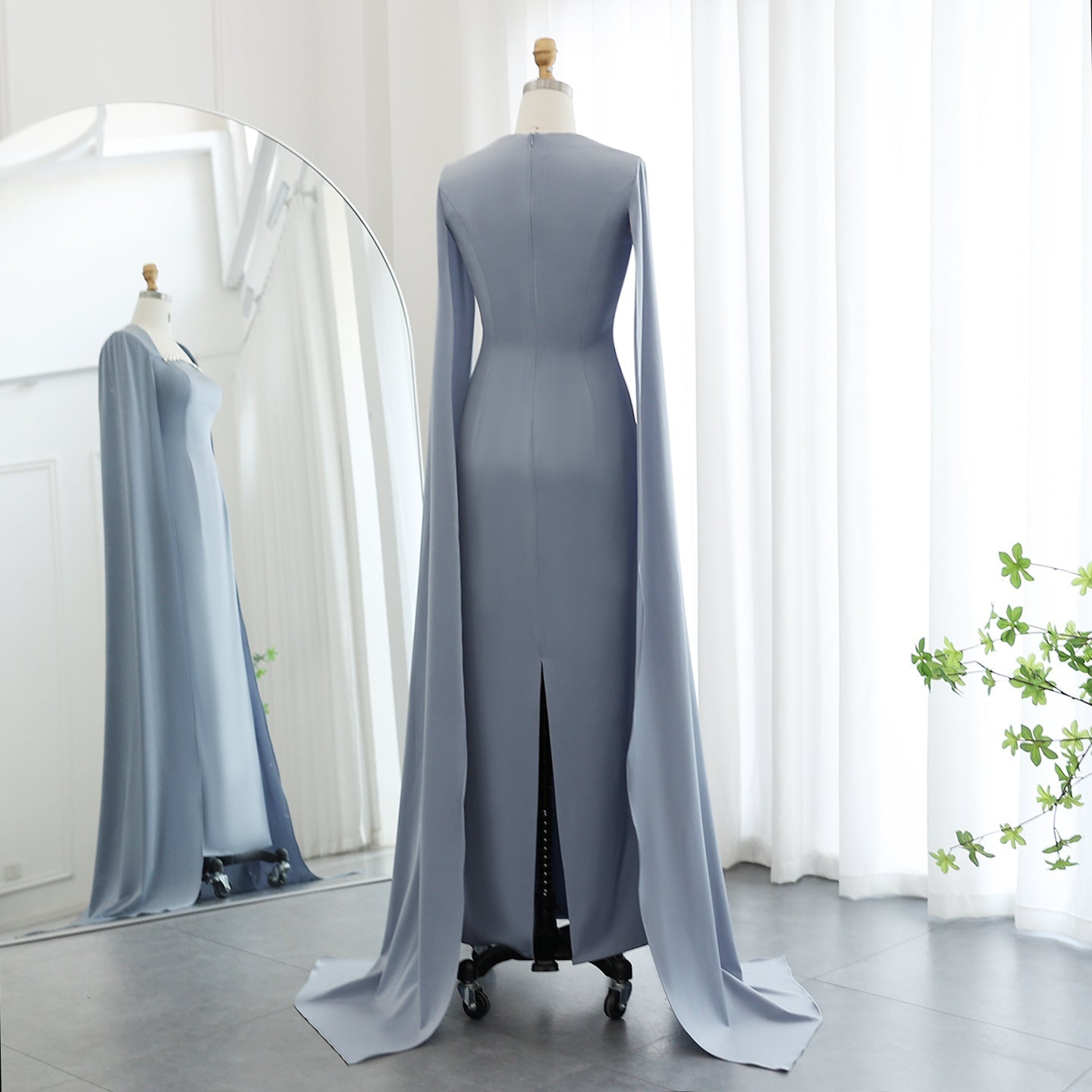 Elegant Blue Mermaid Evening Dress with Cape Sleeves SF486