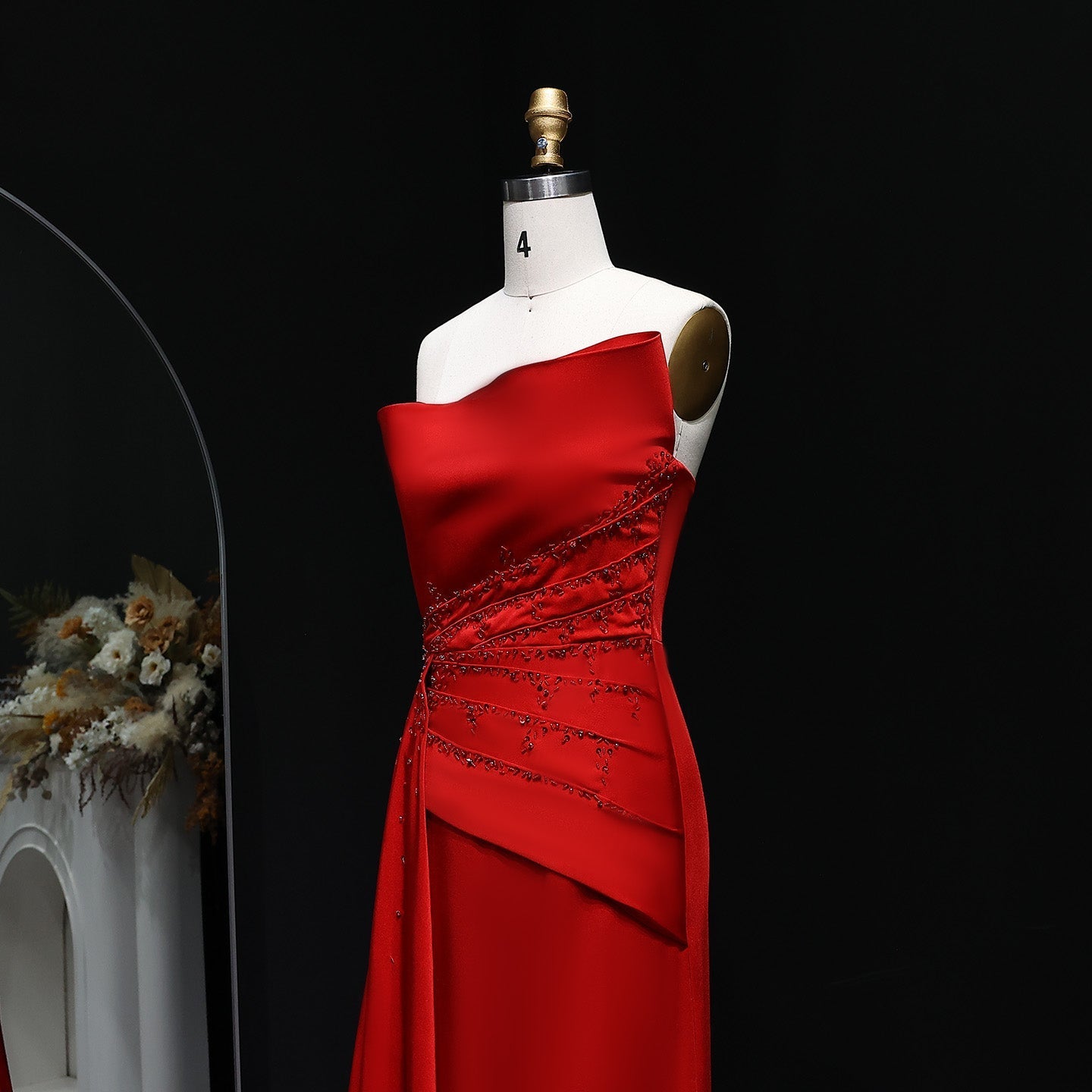 Elegant Crystal Red Mermaid Evening Dress with Overskirt SF514