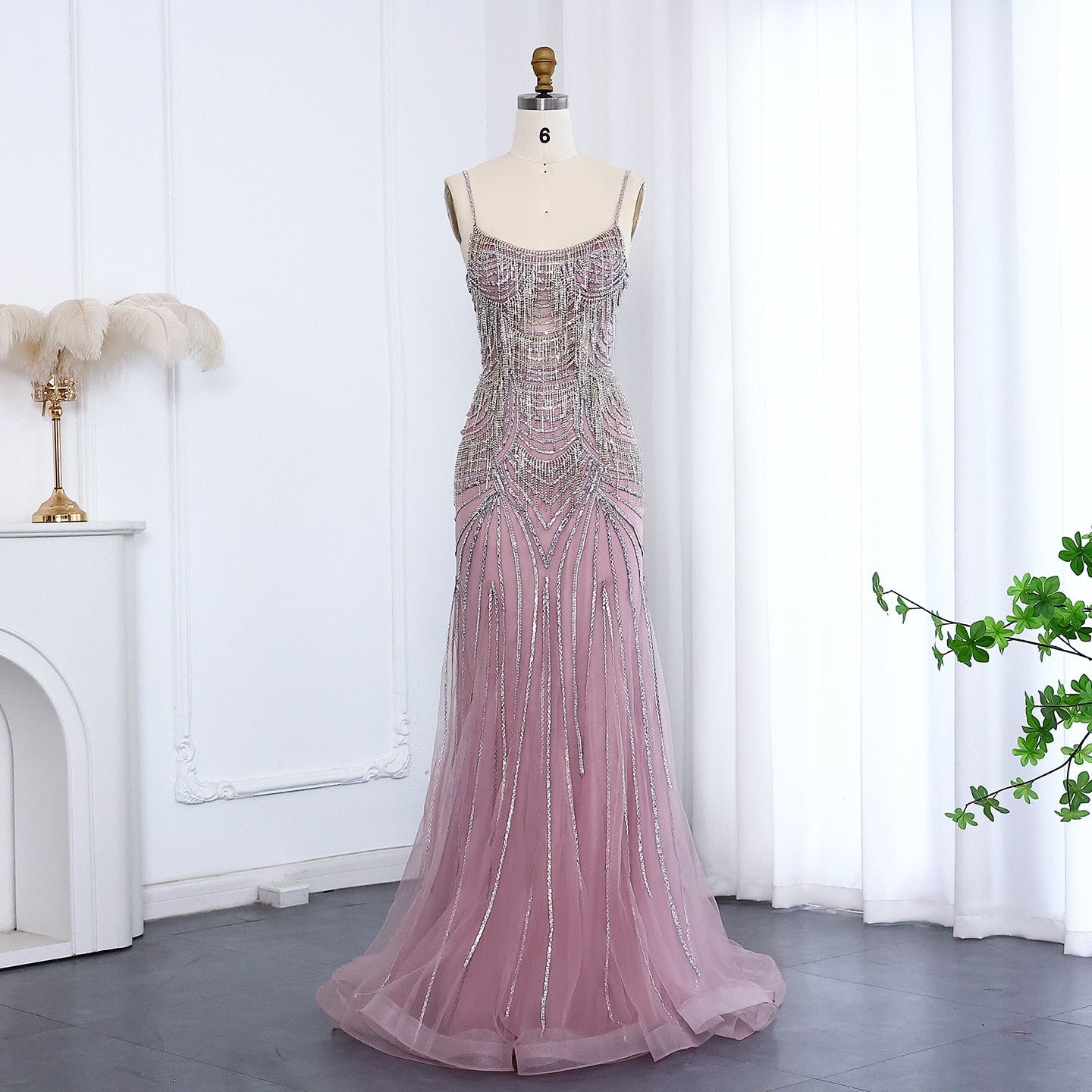 Luxury Tassel Spaghetti Mermaid Evening Dress SS029  Pink / US 18