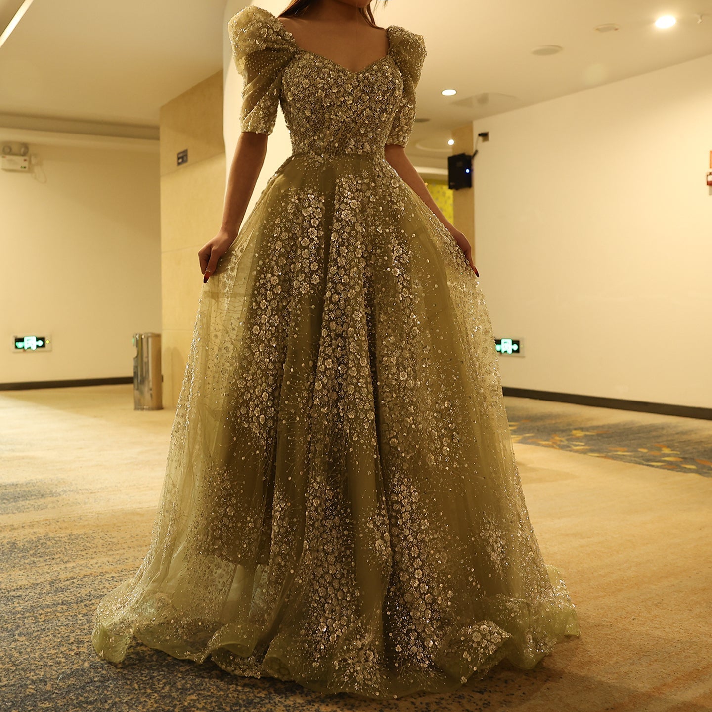 Glitter Lime Green Puffle Sleeve Evening Dress SS155