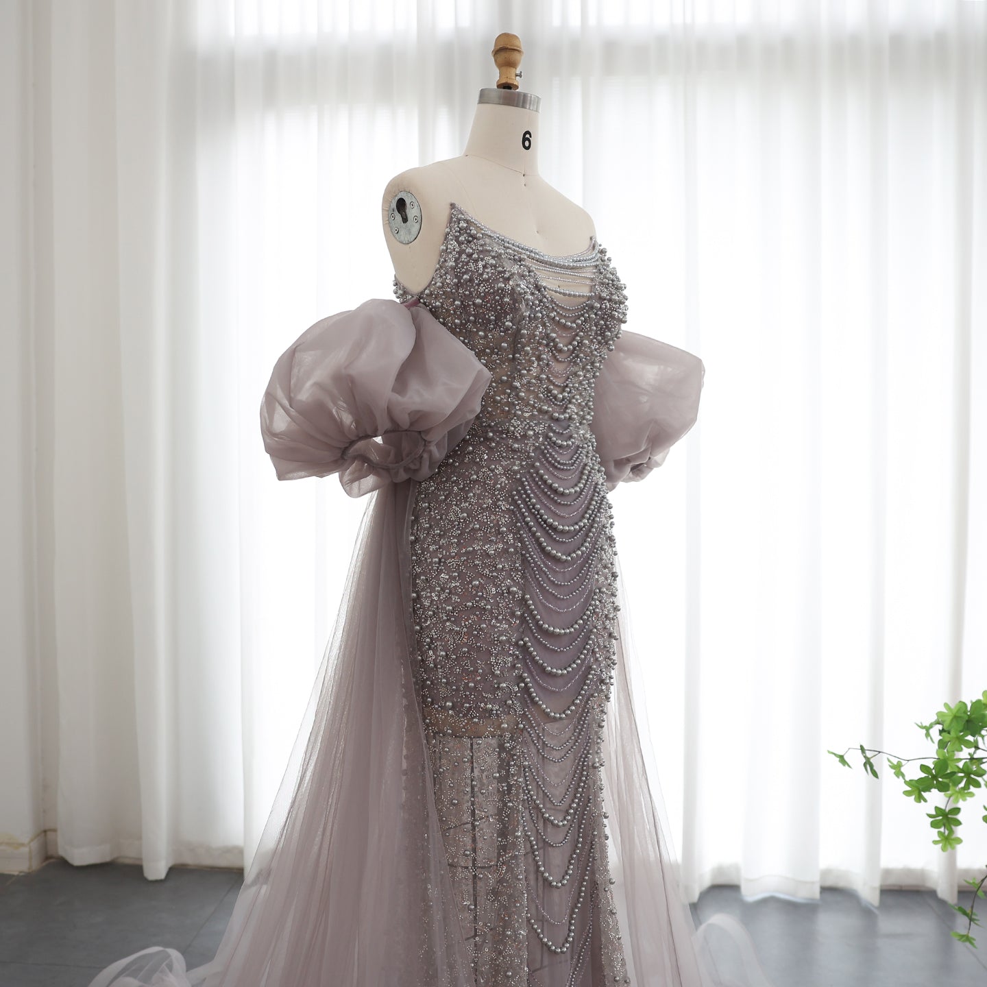 Luxury Pearls Tassel Purple Evening Dress with Cape SS199