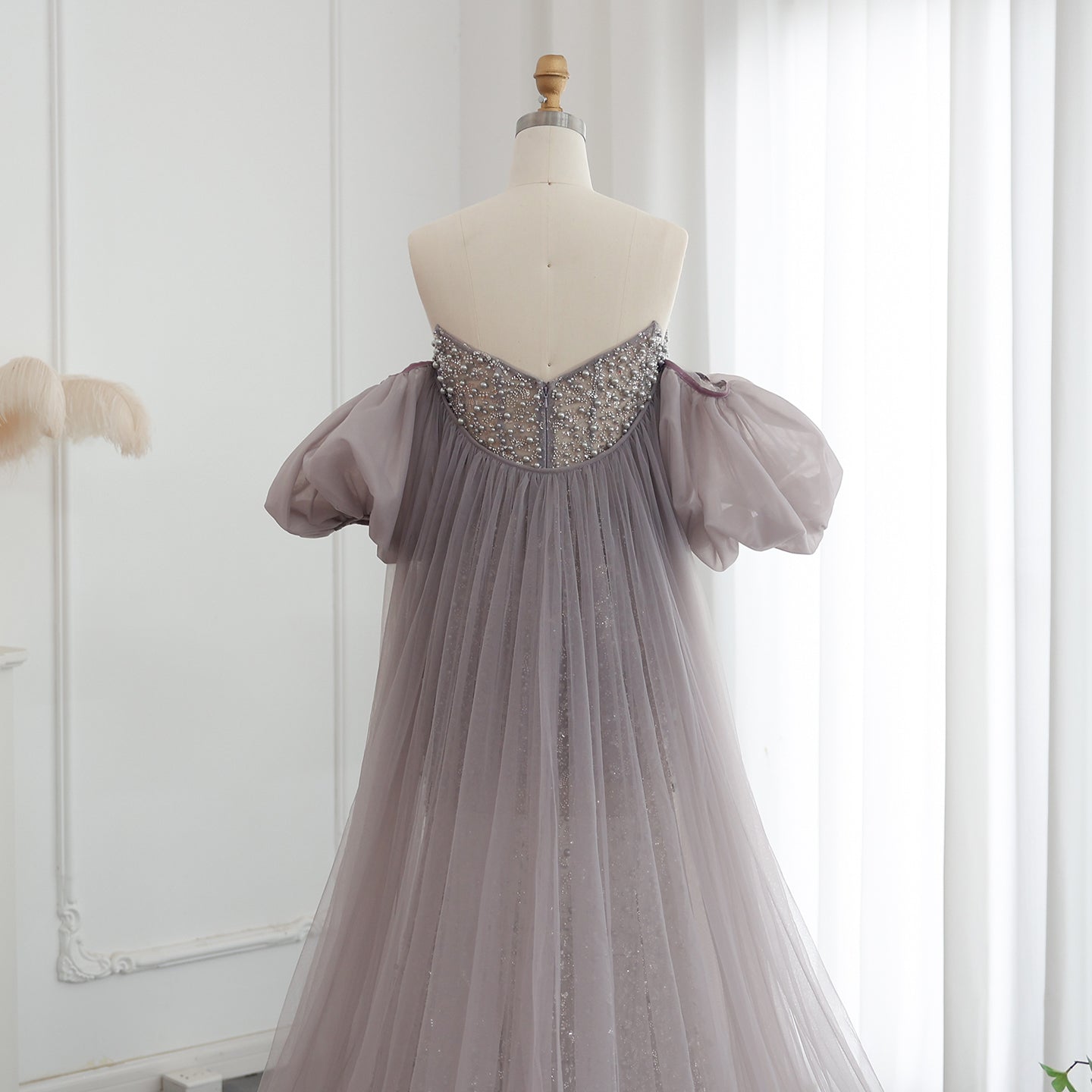Luxury Pearls Tassel Purple Evening Dress with Cape SS199